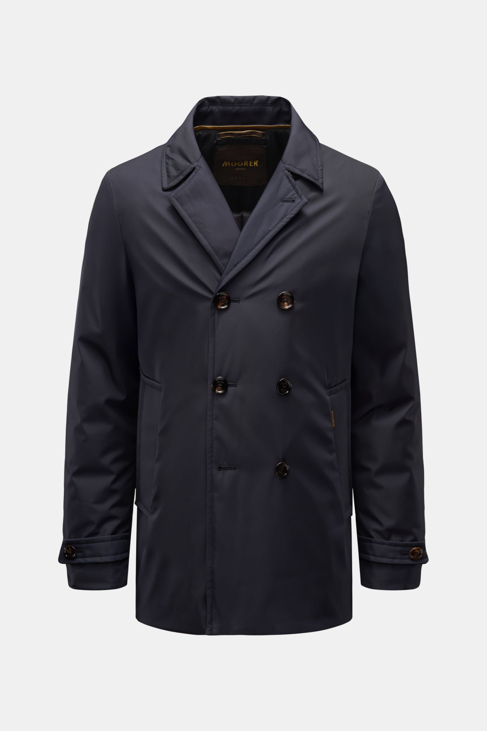 Front view of Moorer Daunenjacke 'Bolgi' navy, a slim fit double-breasted jacket in smooth silk-microfiber gabardine with down filling, water-repellent, windproof, with variable collar, angled welt pockets, buttoned cuffs, back vent, quilted lining, and t