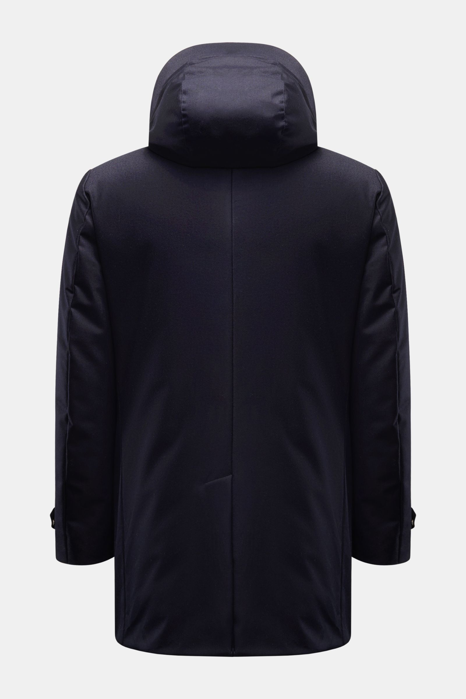 Moorer Daunenparka 'Vido' dark navy, Rückansicht, Slim Fit mit abnehmbarer Kapuze, Woll-Cashmere-Mix, wasserabweisend, Daunenfüllung, elegant und warm.