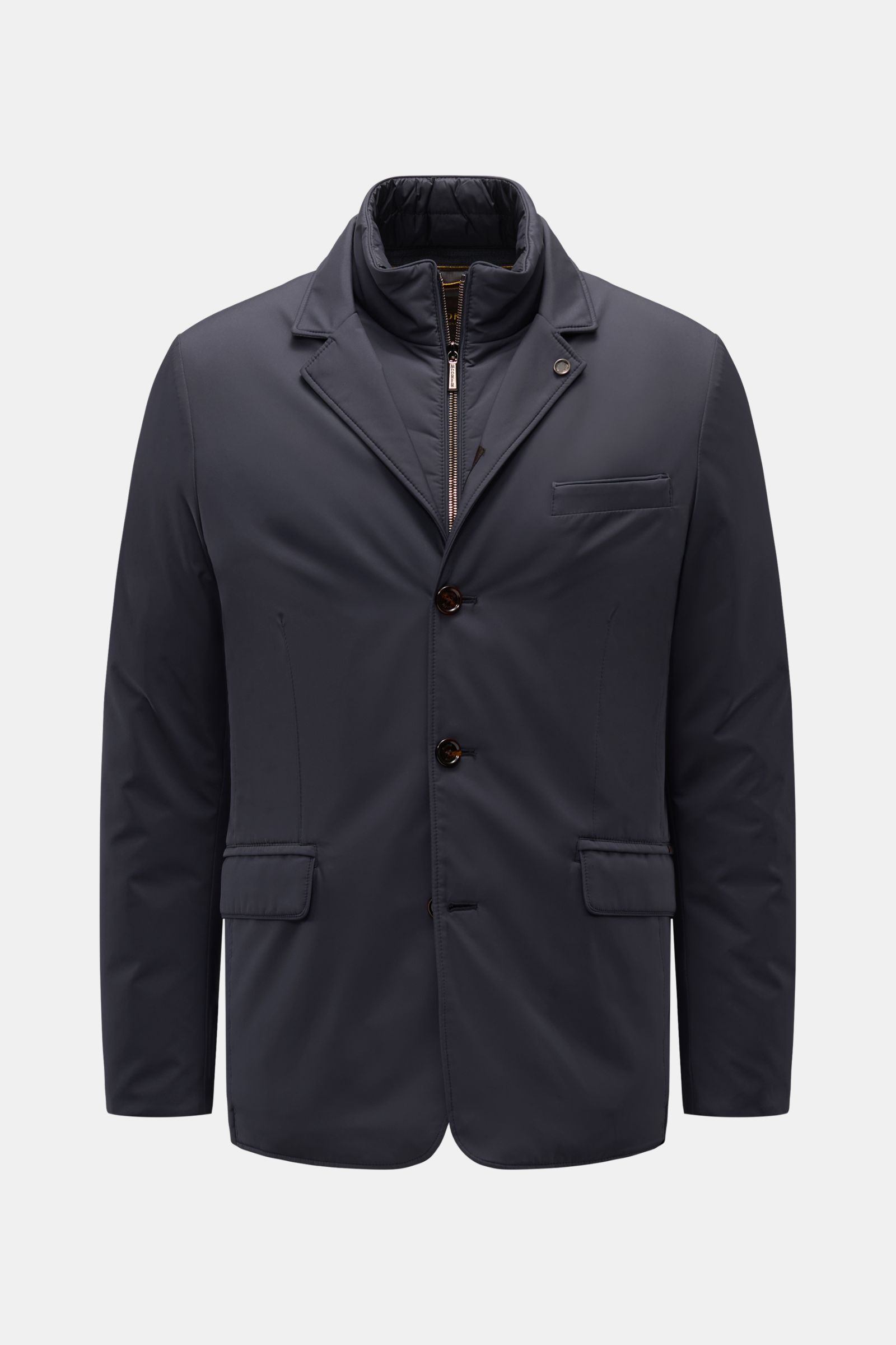 Front view of Moorer Jacke 'Nobile' navy, a slim fit city jacket with elastic microfiber, water-repellent finish, double-front with two-way zipper, three-button style, variable collar, flap hip pockets, back vent with snap buttons, smooth lining, and two 
