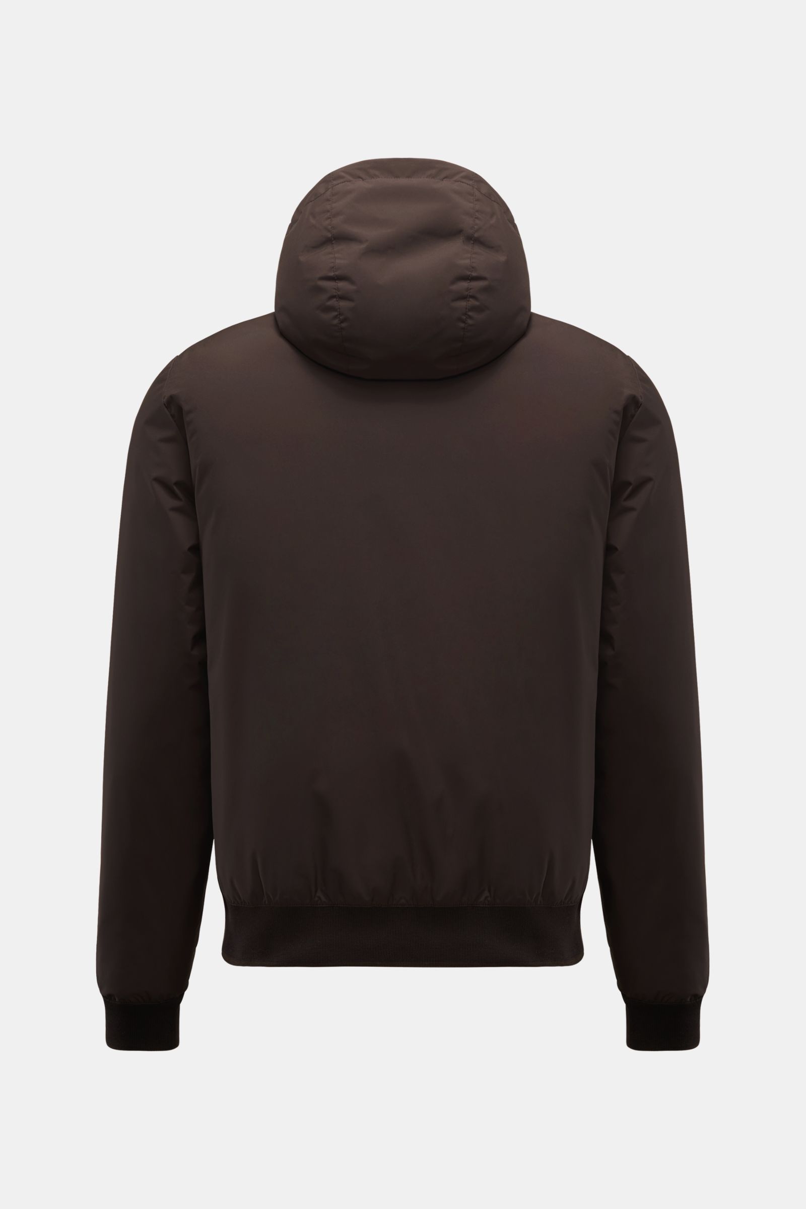 Rear view of Moorer Down blouson 'Oniro' dark brown, a slim-fit, sporty jacket with a drawstring hood, ribbed bands, and water repellent microfiber fabric. Maximum function in incredibly lightweight fabric: The sporty down blouson 'Oniro' has a warm down 