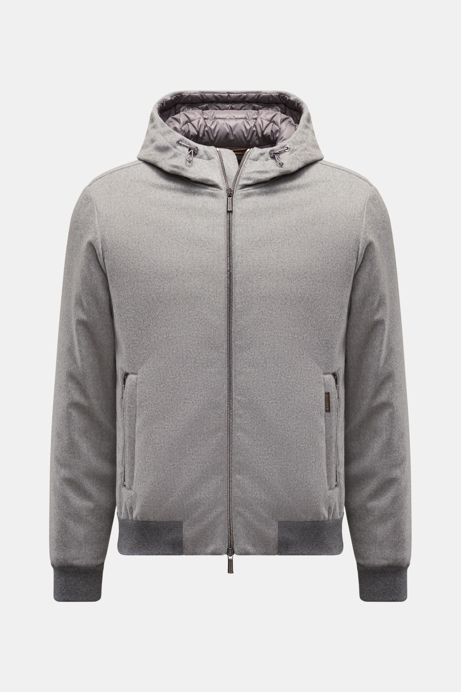 Moorer Daunenblouson 'Oniro' grau, Slim Fit, frontal fotografiert, Mix aus Wolle/Microfaser, leichte Daunenfüllung, wasserabweisend, Kapuze, Reißverschluss.