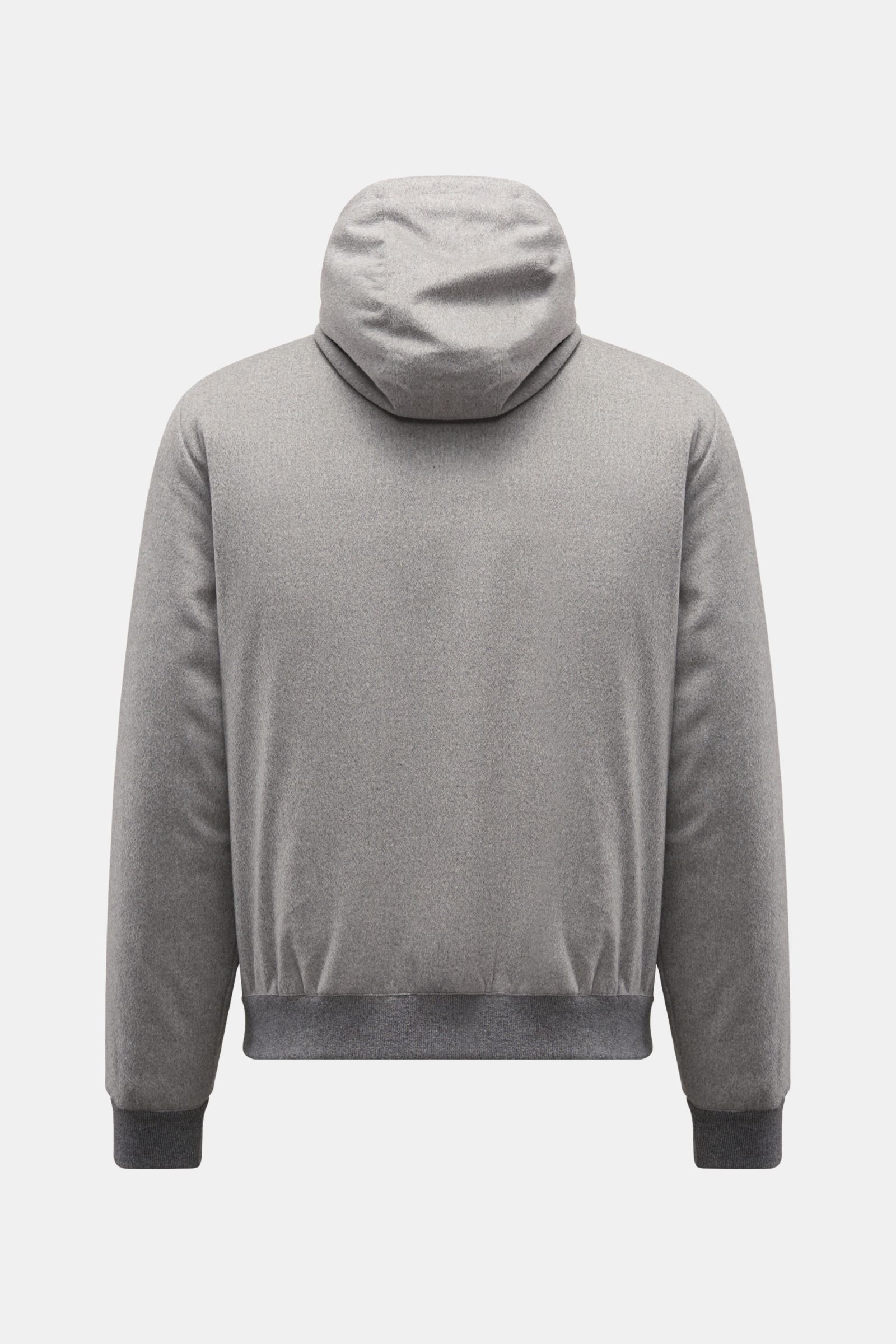 Moorer Daunenblouson 'Oniro' grau, Rückansicht, Slim Fit, Kapuze mit Tunnelzug, wasserabweisend, Mix aus Wolle und Microfaser, leichte Daunenfüllung, elastische Bündchen.