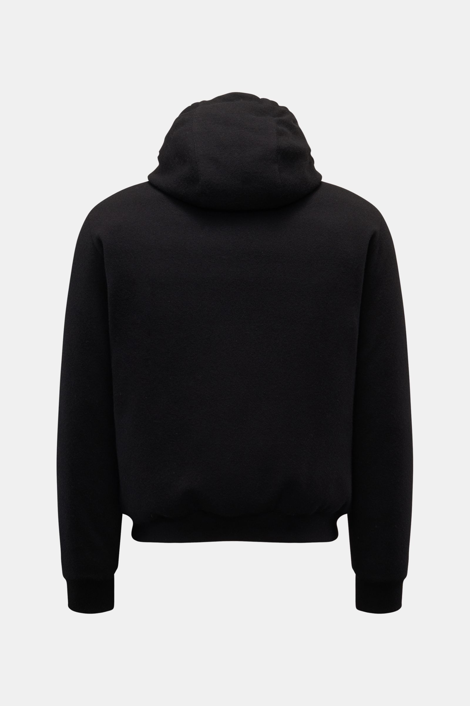 Rear view of the Moorer Cashmere Daunenblouson 'Brigno' schwarz, a slim fit, lightweight down jacket with baby-cashmere soft exterior and hood.

Description: Leichte, wärmende Qualität: Der sportive Daunenblouson 'Brigno' verfügt über eine wärmende Dau