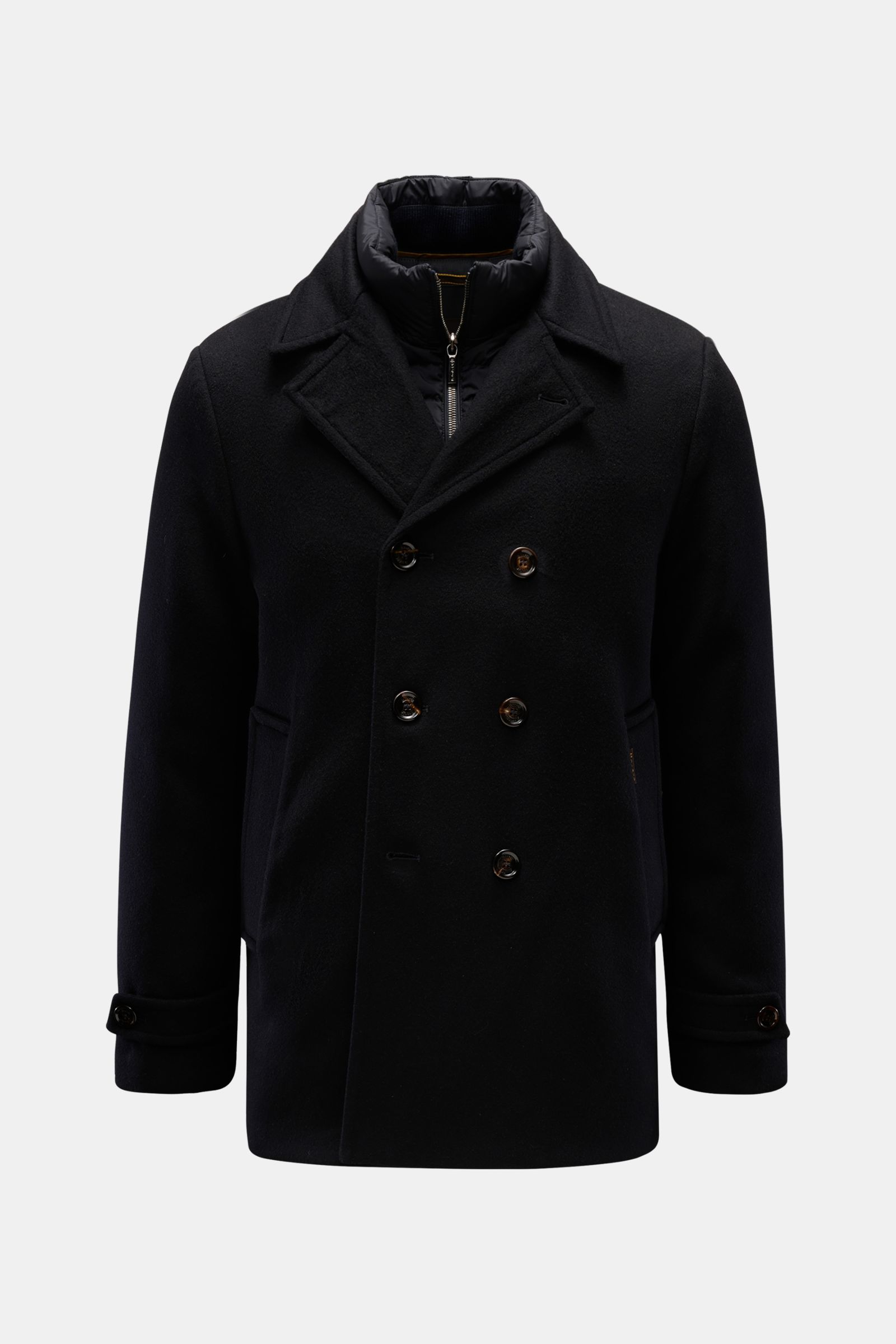 Moorer Jacke 'Volmer-Kn' navy shown from the front, a slim fit, double-breasted navy coat with leather trim, elastic microfiber, water-repellent fabric, double-front with two-way zipper, hidden hood in collar, slanted welt pockets, buttoned sleeve cuffs, 