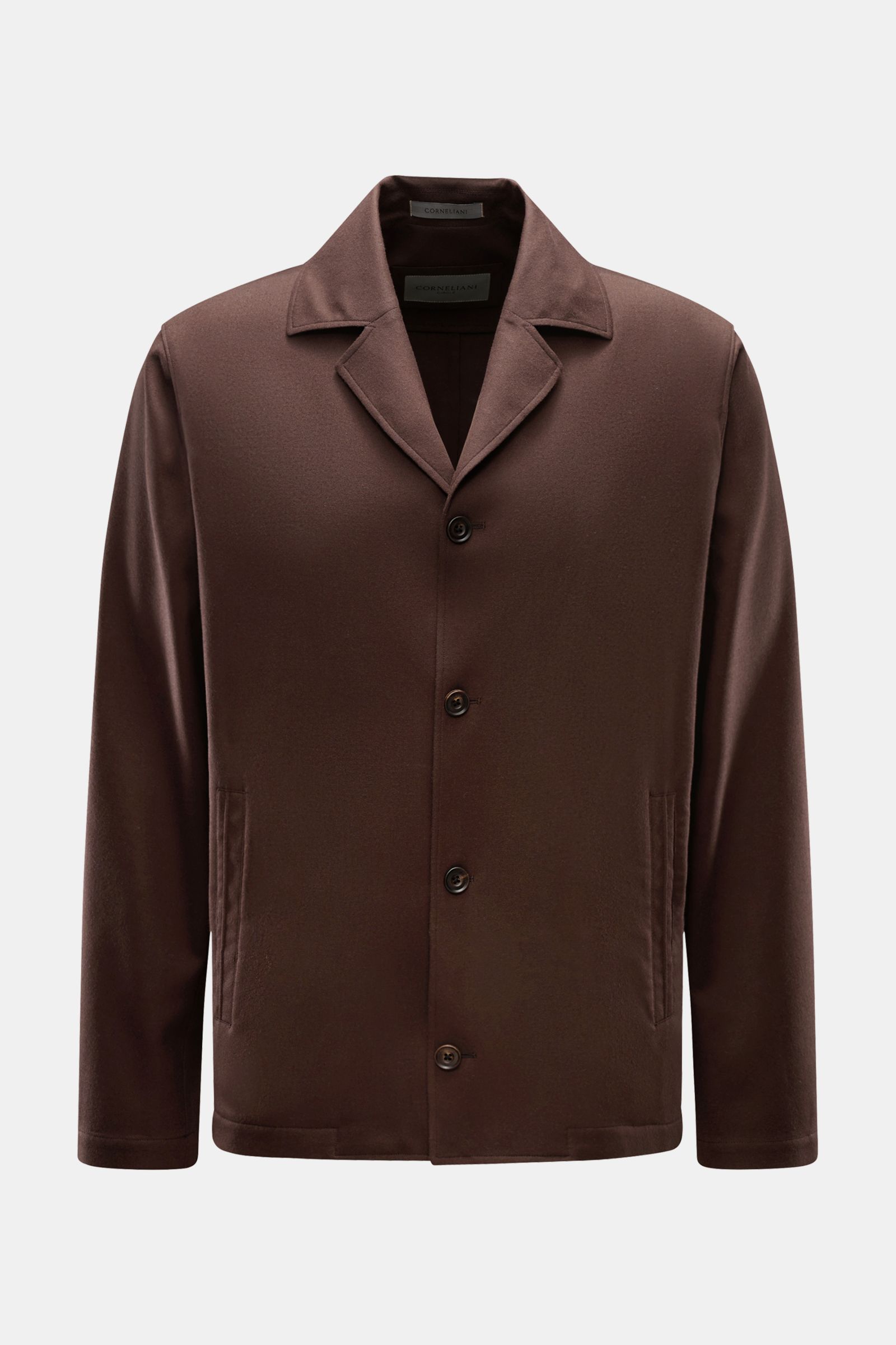 Corneliani Jacke dunkelbraun, frontale Ansicht, aus leichter Schurwolle, Regular Fit, fallendes Revers, Vier-Knopf-Leiste, schräge Leistentaschen, weicher Griff, Unconstructed Design.