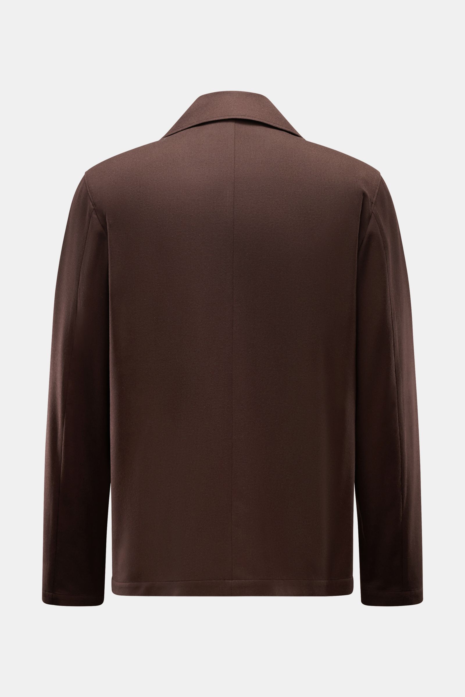 Corneliani Jacke dunkelbraun von hinten fotografiert, leichte Schurwolle, Regular Fit, fallendes Revers, Vier-Knopf-Leiste, schräge Taschen.