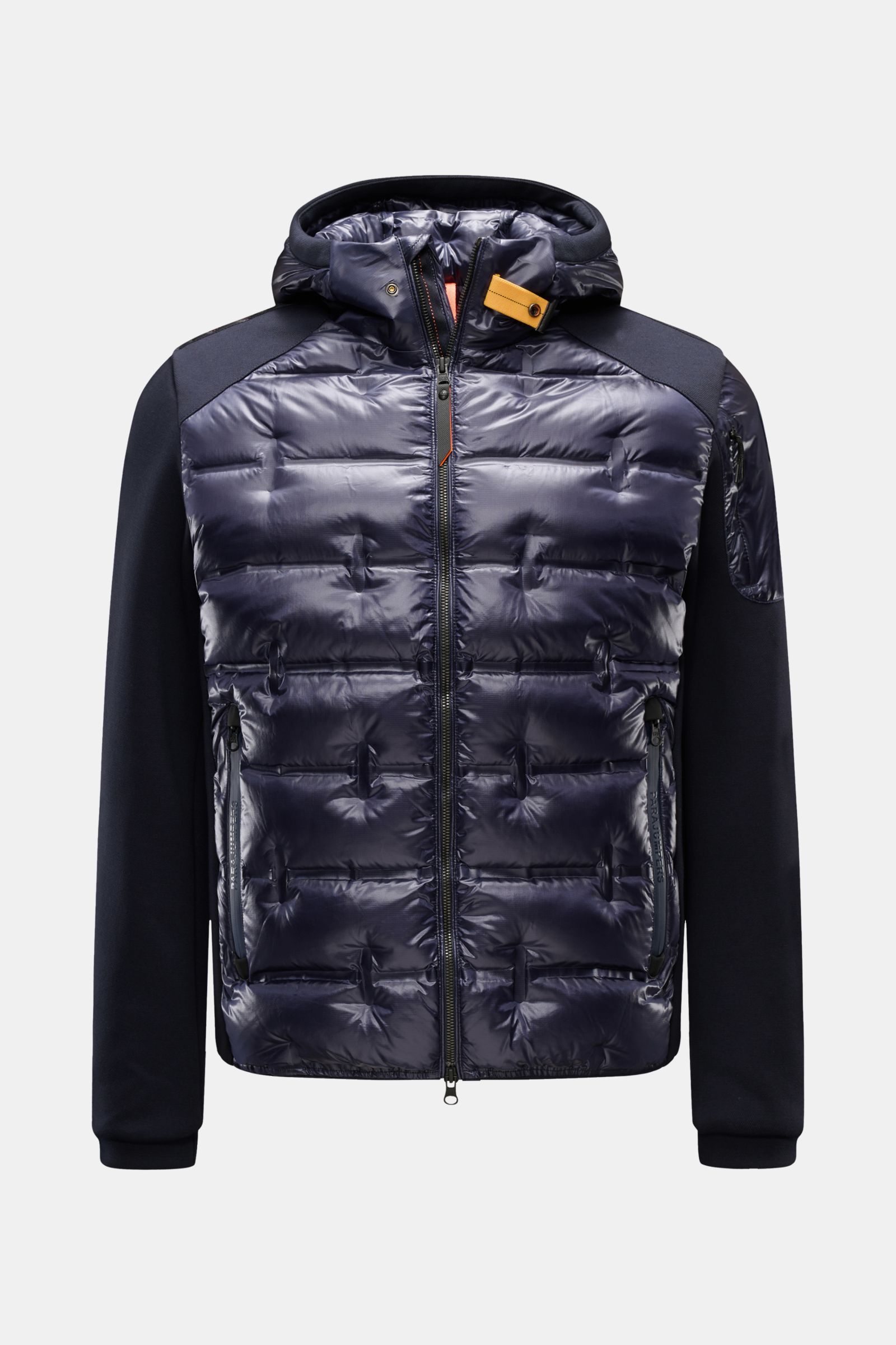 Front view of Parajumpers Daunenjacke 'Gyles' navy, a slim-fit jacket with shiny ripstop microfiber, jersey details, hood, and zippered pockets. For a sporty, stylish transitional look with light down filling, grosgrain trim, elastic cuffs, arm zipper poc