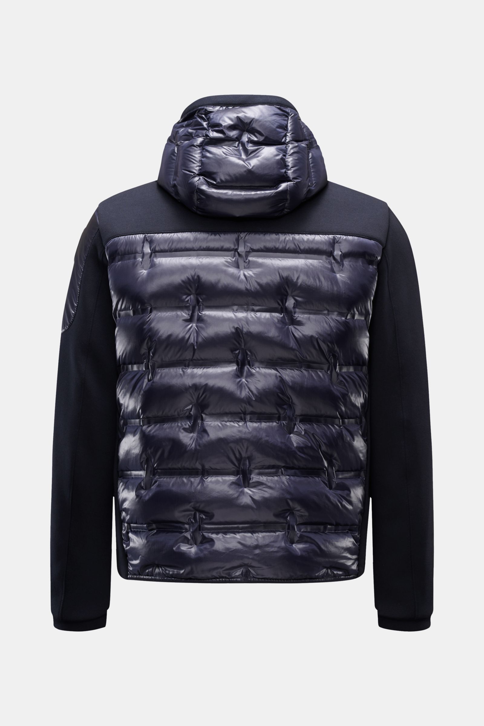 Rear view of Parajumpers Daunenjacke 'Gyles' navy with shiny ripstop microfiber and jersey details, lightweight down filling, and hood.