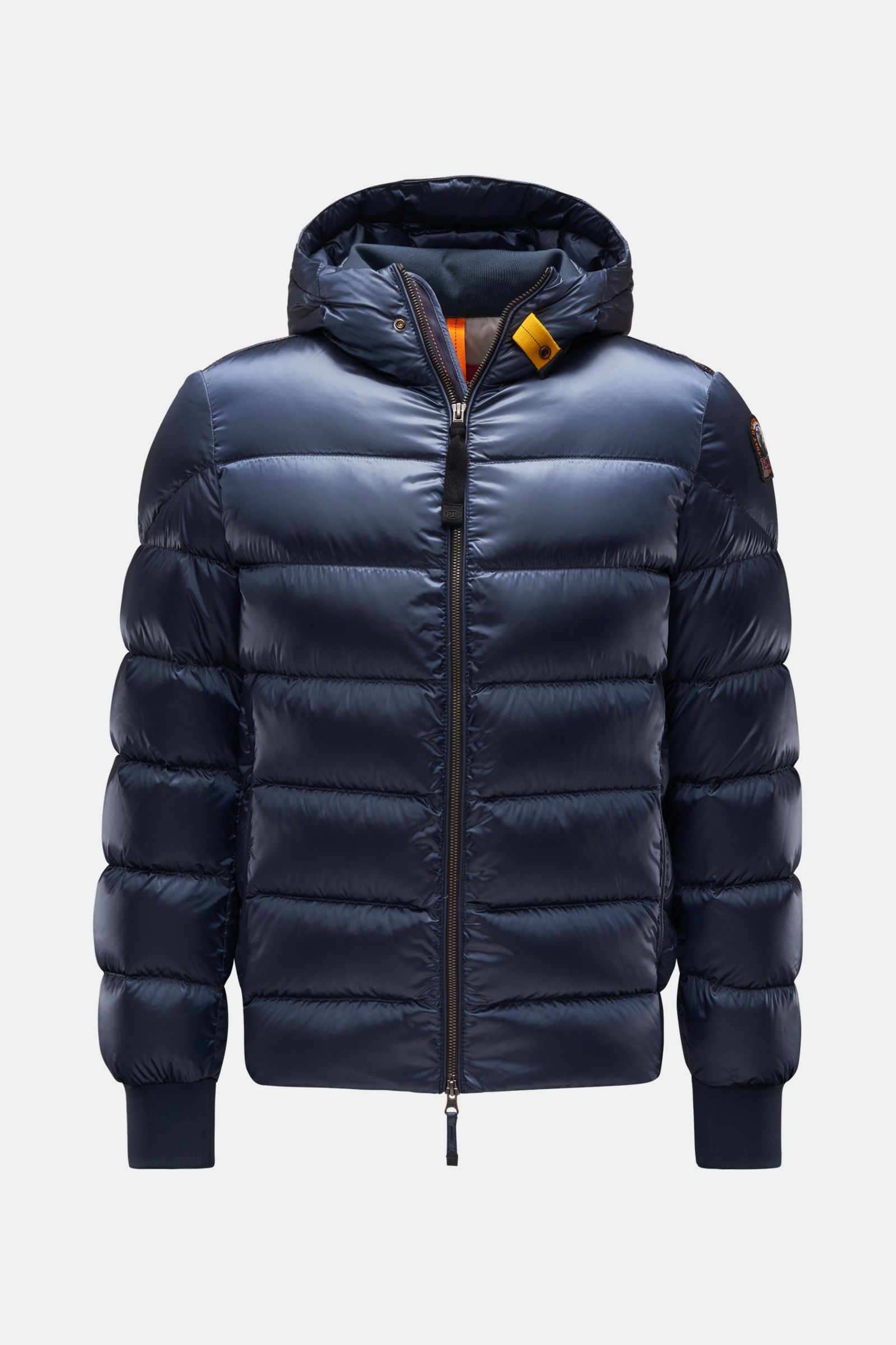 Parajumpers Daunenblouson 'Pharrell' navy, frontale Ansicht, gesteppte, wasserabweisende Microfaser mit Kapuze, leichter Daunenfüllung, Slim Fit, winddicht, atmungsaktiv, Zwei-Wege-Reißverschluss, Tunnelzug, elastischer Kragen, Rippbündchen, Belüftungssch
