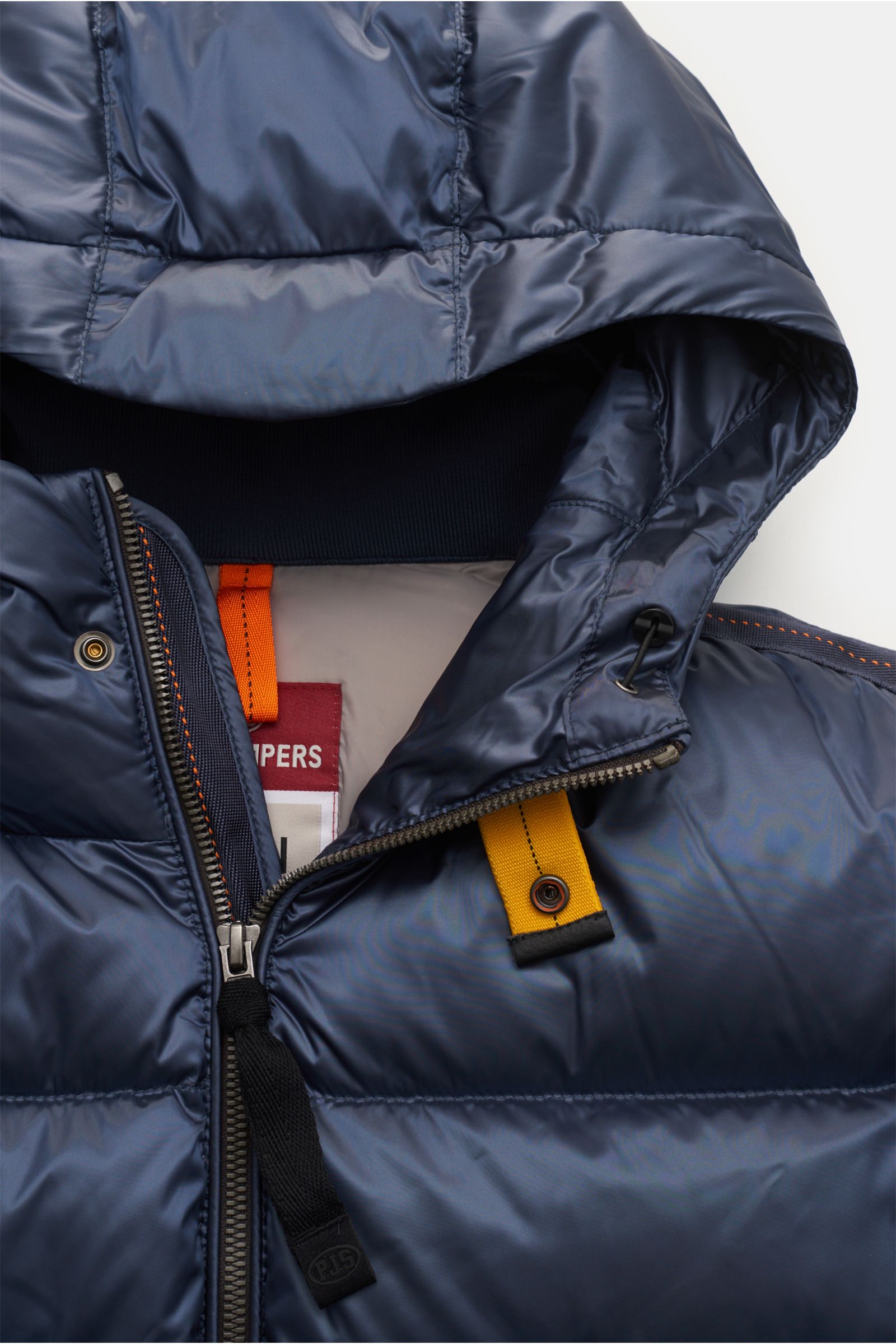 Parajumpers Daunenblouson 'Pharrell' navy aus strapazierfähiger Microfaser, leichte Daunenfüllung, Kapuze, Slim Fit, wasserabweisend, winddicht, Detailansicht von oben.