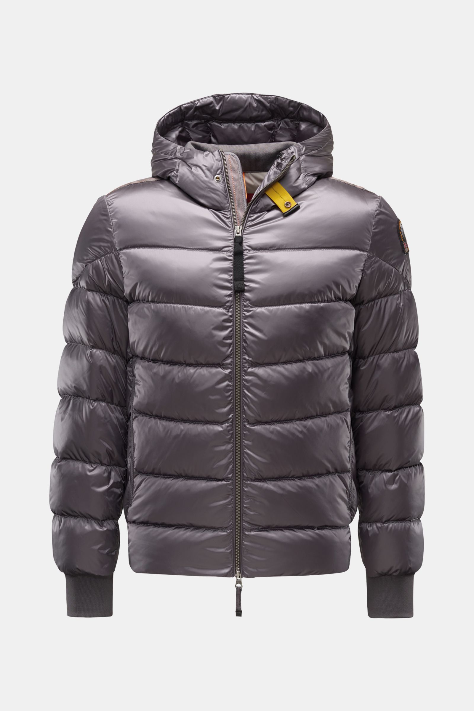 Parajumpers Daunenblouson 'Pharrell' grau, frontale Ansicht, gesteppte, wasserabweisende Microfaser mit Kapuze, leichter Daunenfüllung, Slim Fit, winddicht, atmungsaktiv, robuster Zwei-Wege-Reißverschluss, elastischer Kragen, kontrastierende Details, Ripp