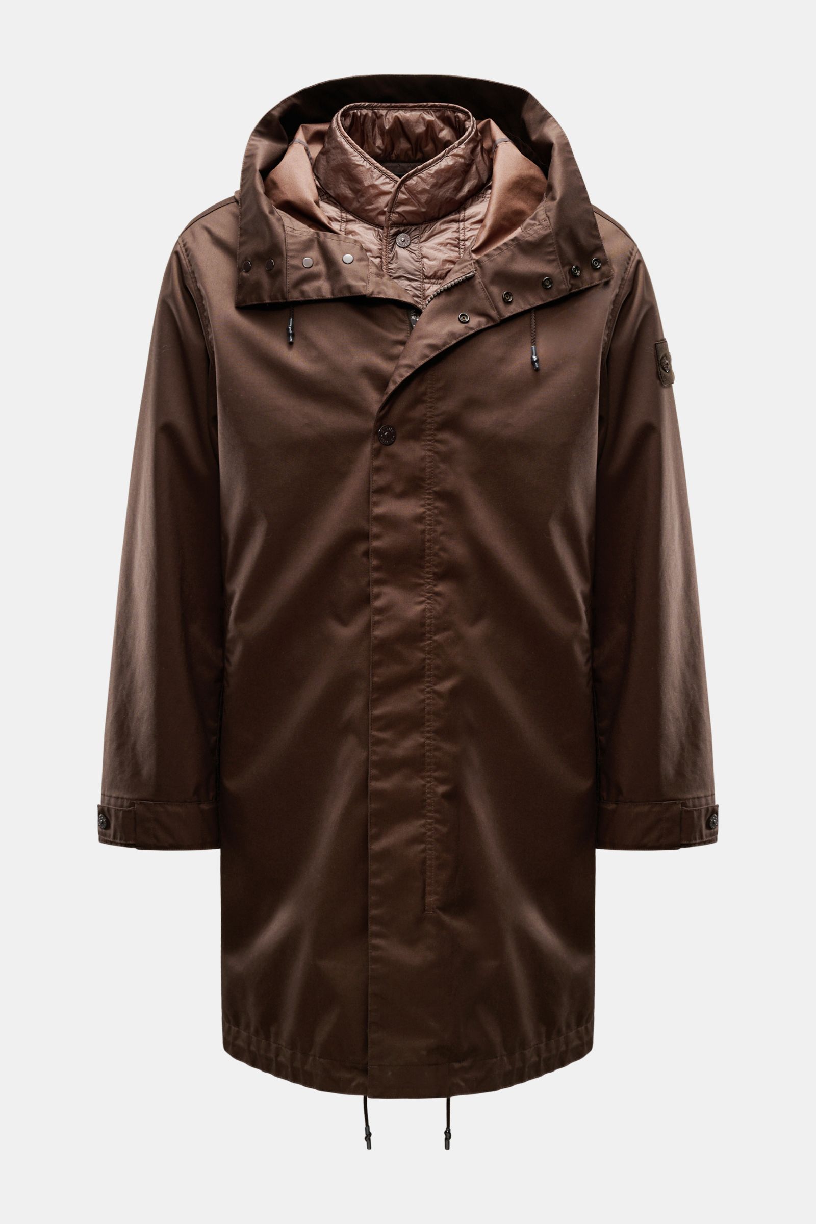 Stone Island Parka 'Twill Wool-TC Ghost Piece' dunkelbraun, frontal fotografiert, mit Kapuze, herausnehmbarem Futter, Primaloft-Füllung und Regular Fit.