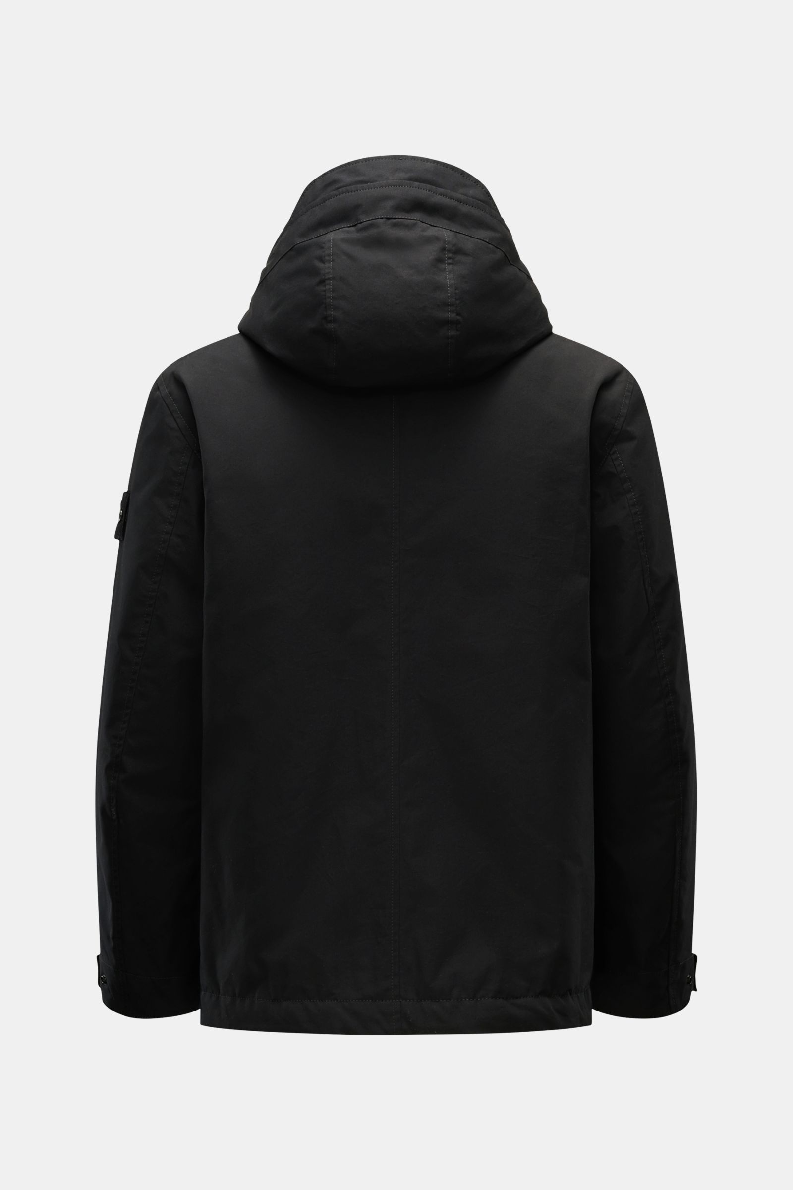 Stone Island Jacke 'Weatherproof Cotton Canvas Ghost Piece' schwarz, Rückansicht, wind- und wasserabweisend, Slim Fit, Kapuze, Knöpfe, Leistentaschen.