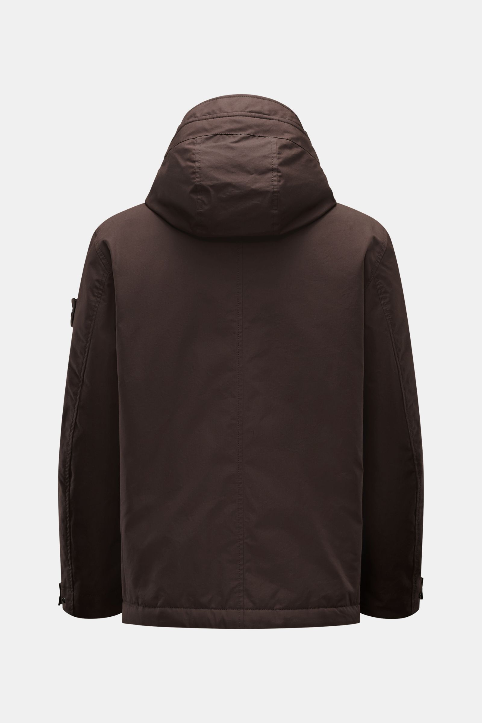 Stone Island Jacke 'Weatherproof Cotton Canvas Ghost Piece' dunkelbraun, Rückansicht, wind- und wasserabweisender Baumwoll-Canvas, Kapuze, Slim Fit, Kompass-Badge.
