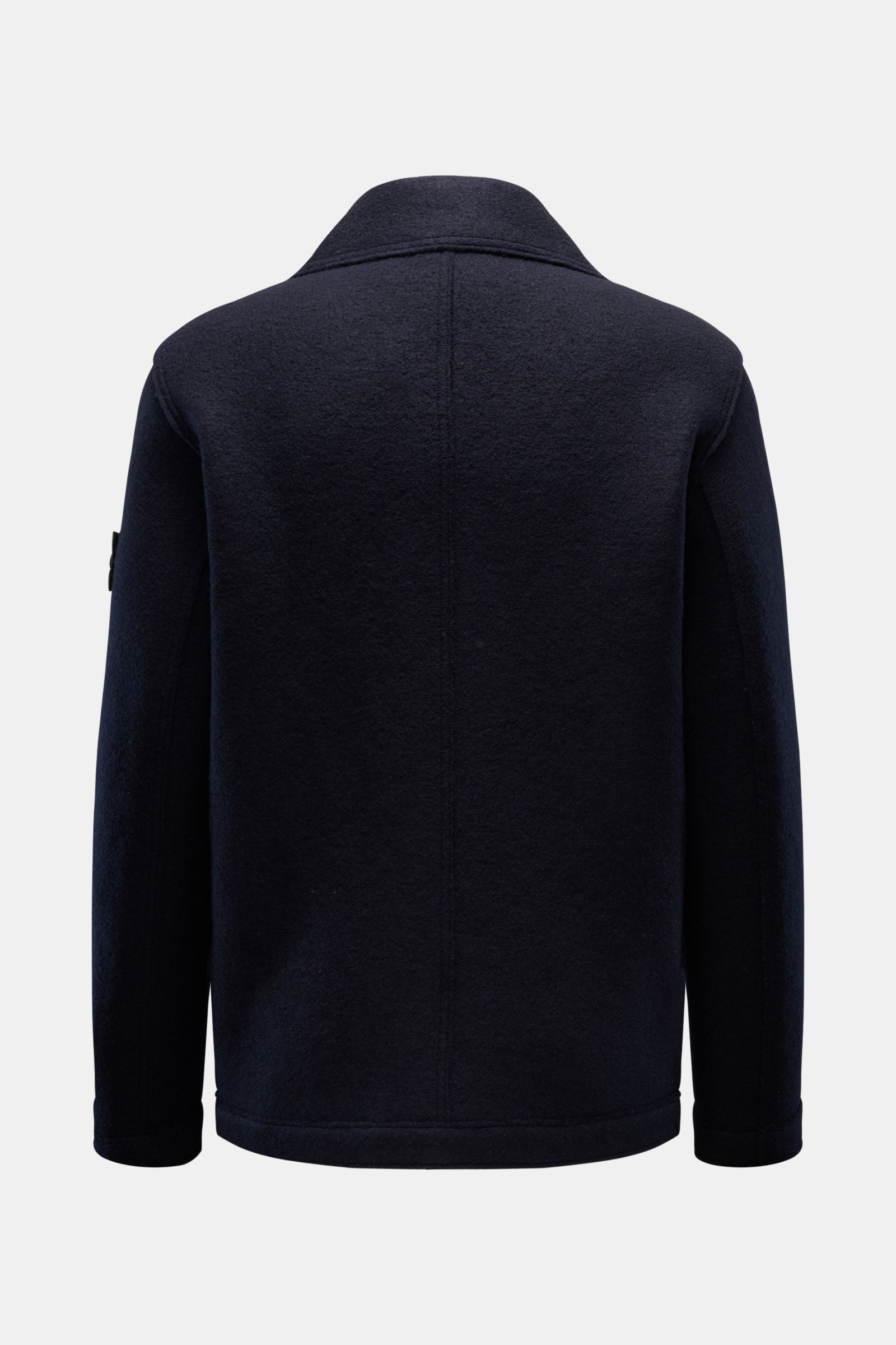 Stone Island Cabanjacke navy, Rückansicht, reine gefilzte Wolle, weicher Griff, garment dyed, variable Kragen, schräge Leistentaschen, Kompass-Badge.