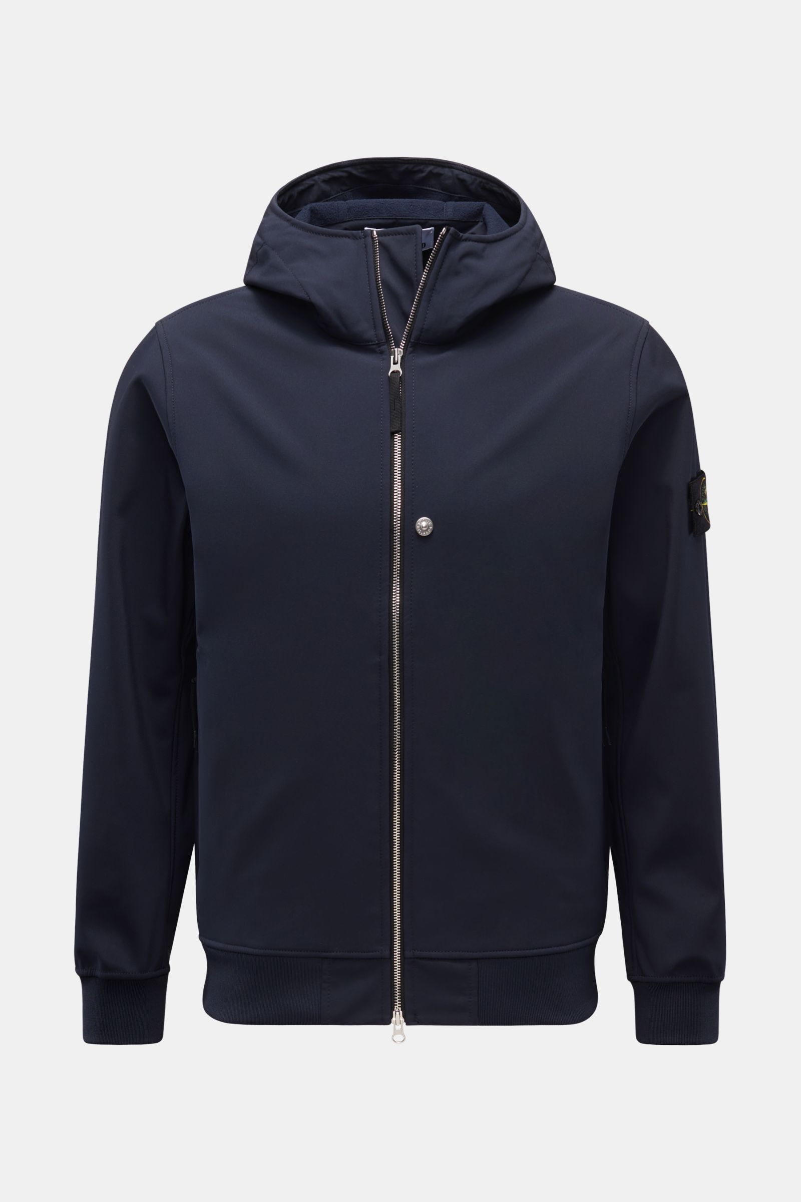 Front view of Stone Island Softshell-Blouson 'Light Soft Shell-R e.dye Technology' navy, a slim fit jacket with hood, two-way zipper, elastic microfiber, wind- and water-repellent, breathable fabric, ribbed cuffs, mesh lining, angled zippered hip pockets,