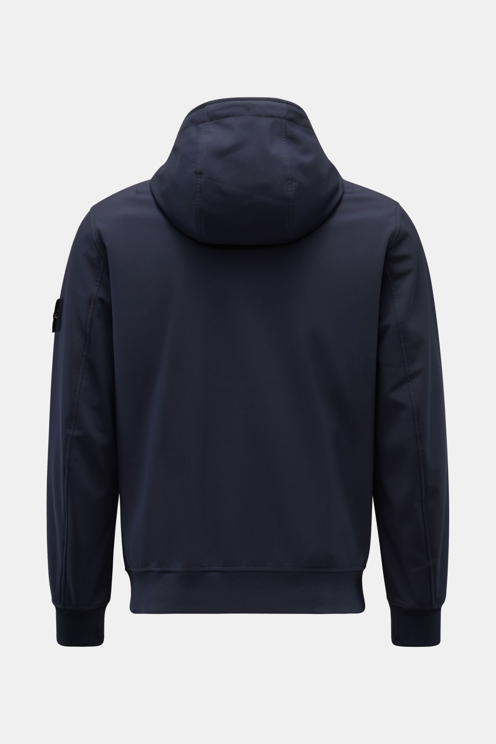 Back view of Stone Island Softshell-Blouson 'Light Soft Shell-R e.dye Technology' navy, wind- and water-repellent with hood, rib cuffs, and slim fit.