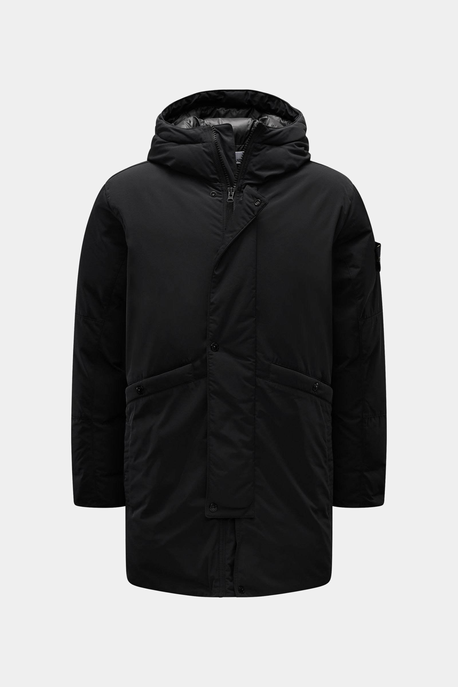 Stone Island Daunenparka 'Micro Twill Down' schwarz, frontale Ansicht, mit Kapuze, wasserabweisend, wärmender Daunenfüllung, Regular Fit, Kompass-Badge.