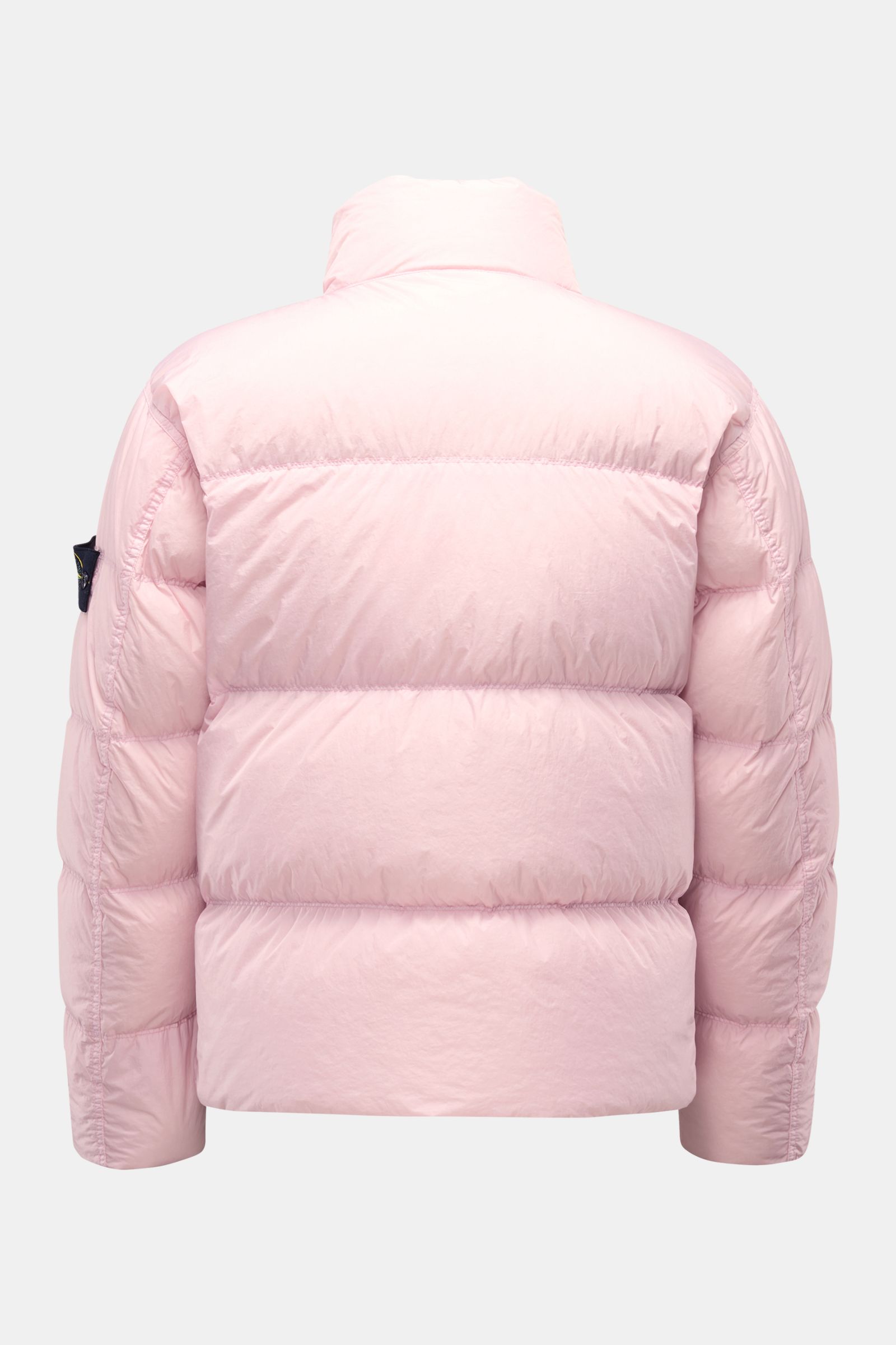 Back view of Stone Island Daunenjacke 'Garment Dyed Crinkle Reps NY' rosé, a pink down jacket with crinkle microfiber, wind- and water-resistant, garment dyed, featuring a high collar and the signature compass badge on the sleeve.