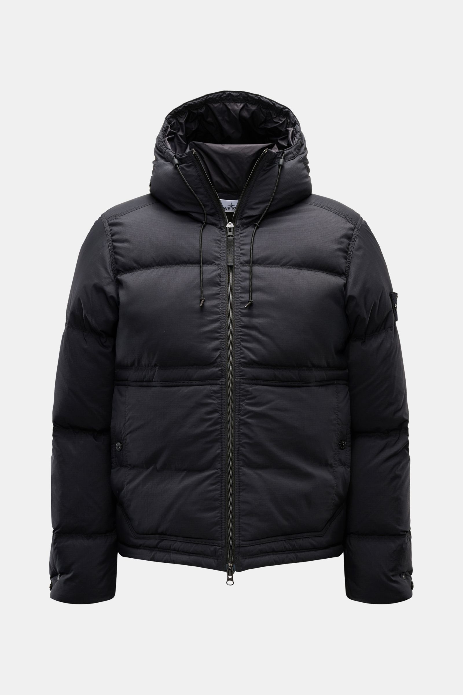 Front view of the Stone Island Daunenjacke 'Matt Ripstop Cordura' navy down jacket with hood, two-way zipper, angled pockets, and compass badge on sleeve, made of wind- and water-resistant ripstop microfiber with soft touch and warm down filling, slim fit