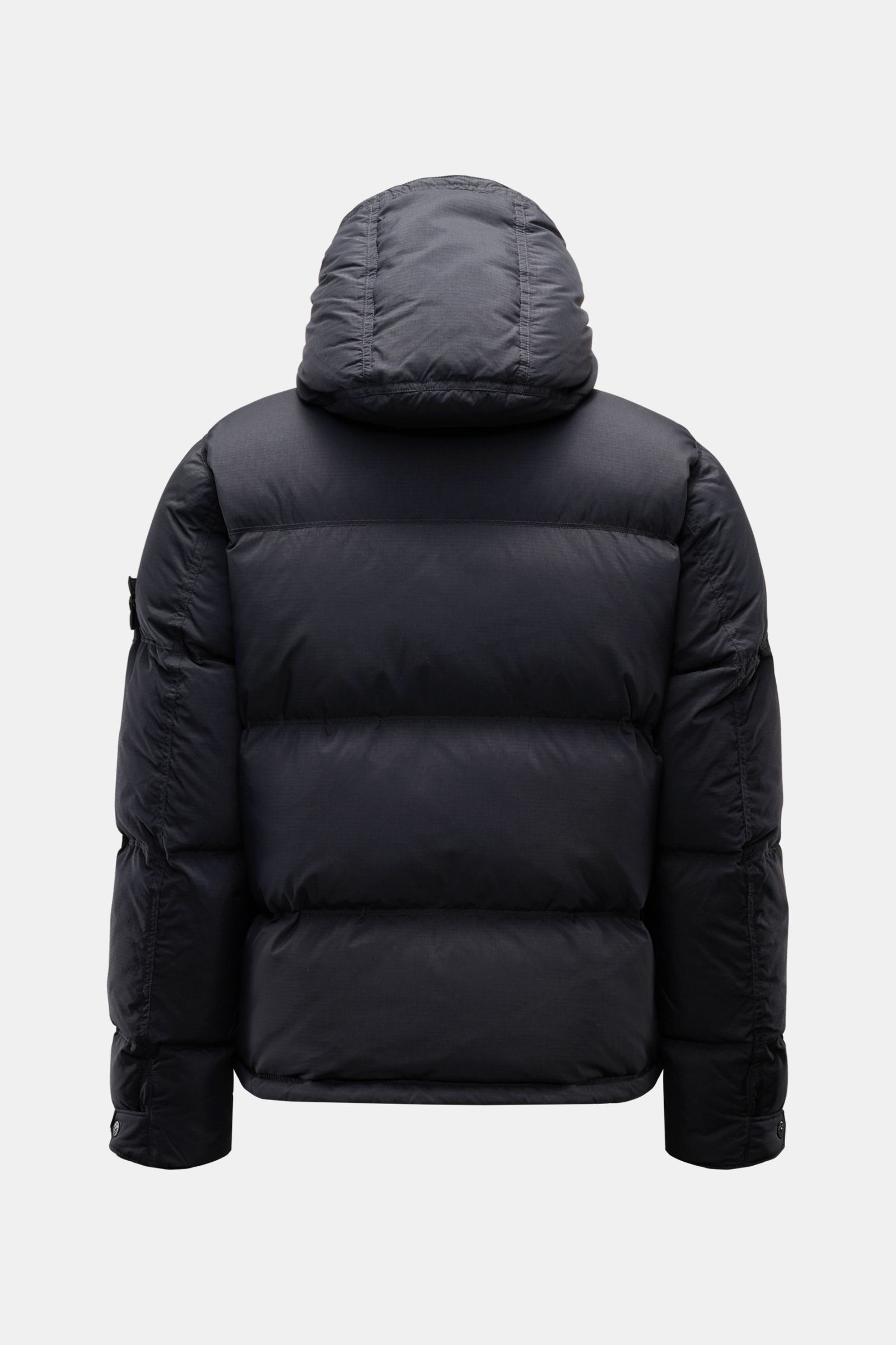 Rear view of Stone Island Daunenjacke 'Matt Ripstop Cordura' navy down jacket with hood, slim fit, ripstop fabric, and padded warmth.