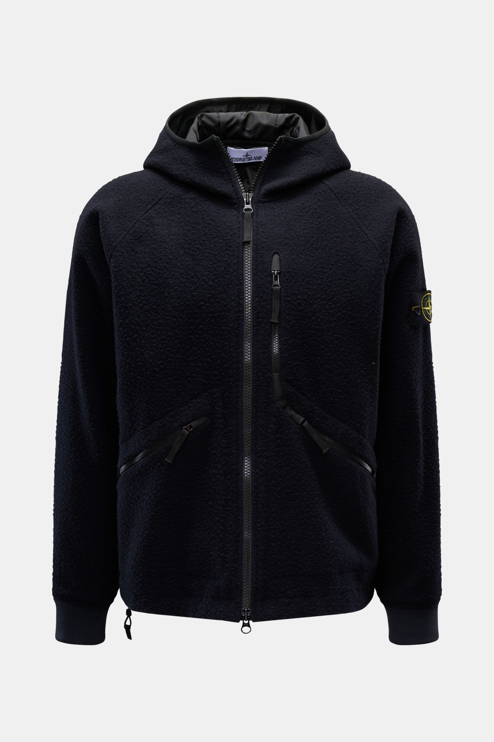 Stone Island Jacke 'Panno Ratinato' navy, frontale Ansicht, Kapuzenjacke mit Ratiné-Verarbeitung, Woll-Microfaser-Mix, zwei-Wege-Reißverschluss, Zipper-Taschen.