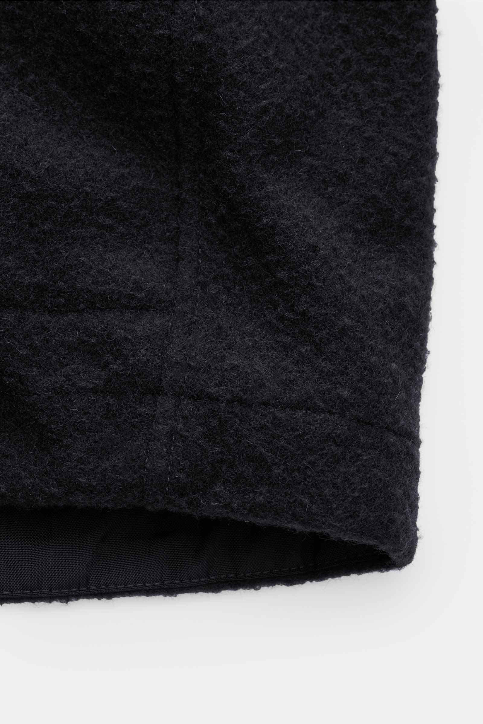 Stone Island Jacke 'Panno Ratinato' navy, Detailaufnahme des unteren Saums mit Ratiné-Woll-Mix, sportiv und funktional, Regular Fit.