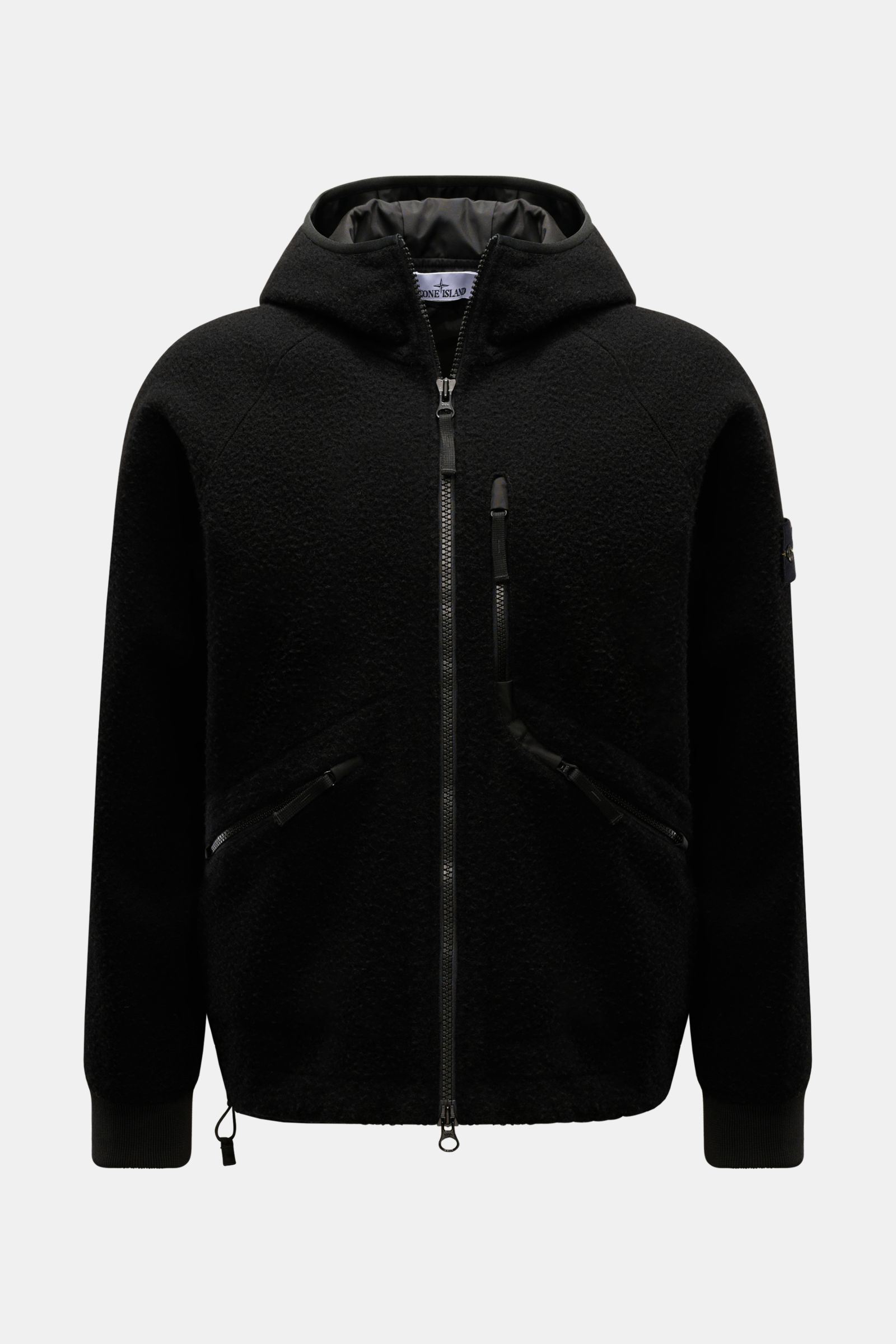 Front view of Stone Island Jacket 'Panno Ratinato' black, a functional hooded jacket with wool-microfibre blend, two-way zip, zip pockets, breast pocket, raglan sleeves, ribbed bands, adjustable hem, and smooth lining, designed for colder months with a ra