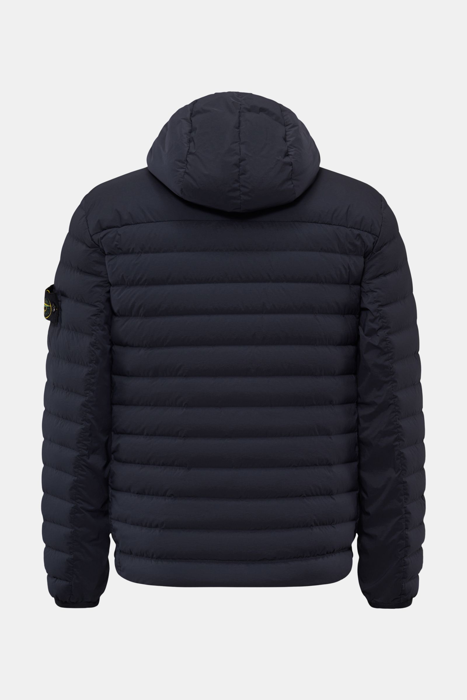 Stone Island Daunenjacke 'Seamless Tunnel Nylon Down-TC' navy, Rückenansicht mit Kapuze, Slim Fit, leichte Entendaunenfüllung, Kompass-Badge am Ärmel.