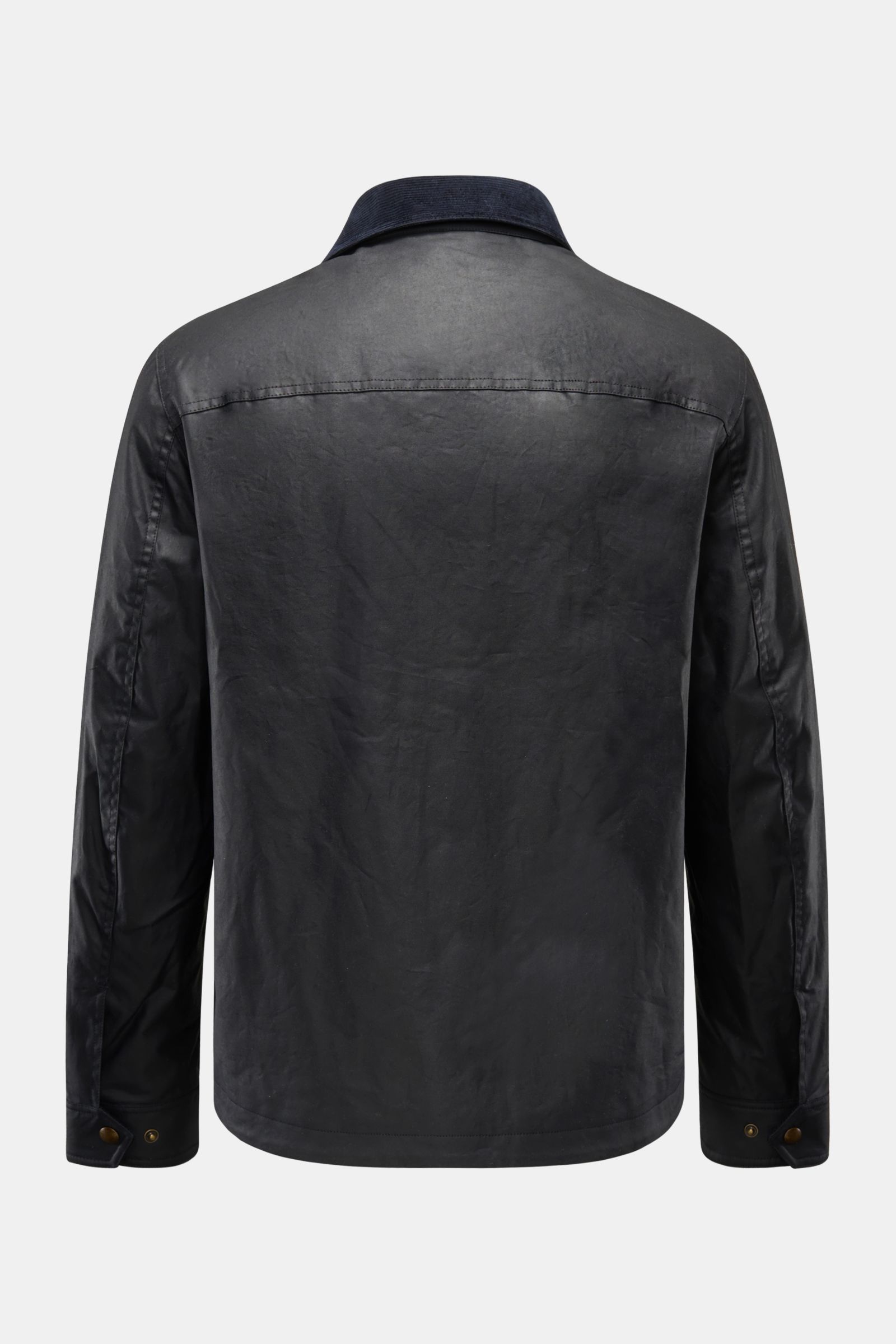 Belstaff Jacke 'Ground' dark olive, Rückansicht, kastiger Slim Fit, gewachste Baumwolle, Cordkragen, Tartan-Futter, Druckknopf-Ärmel & Windblende.