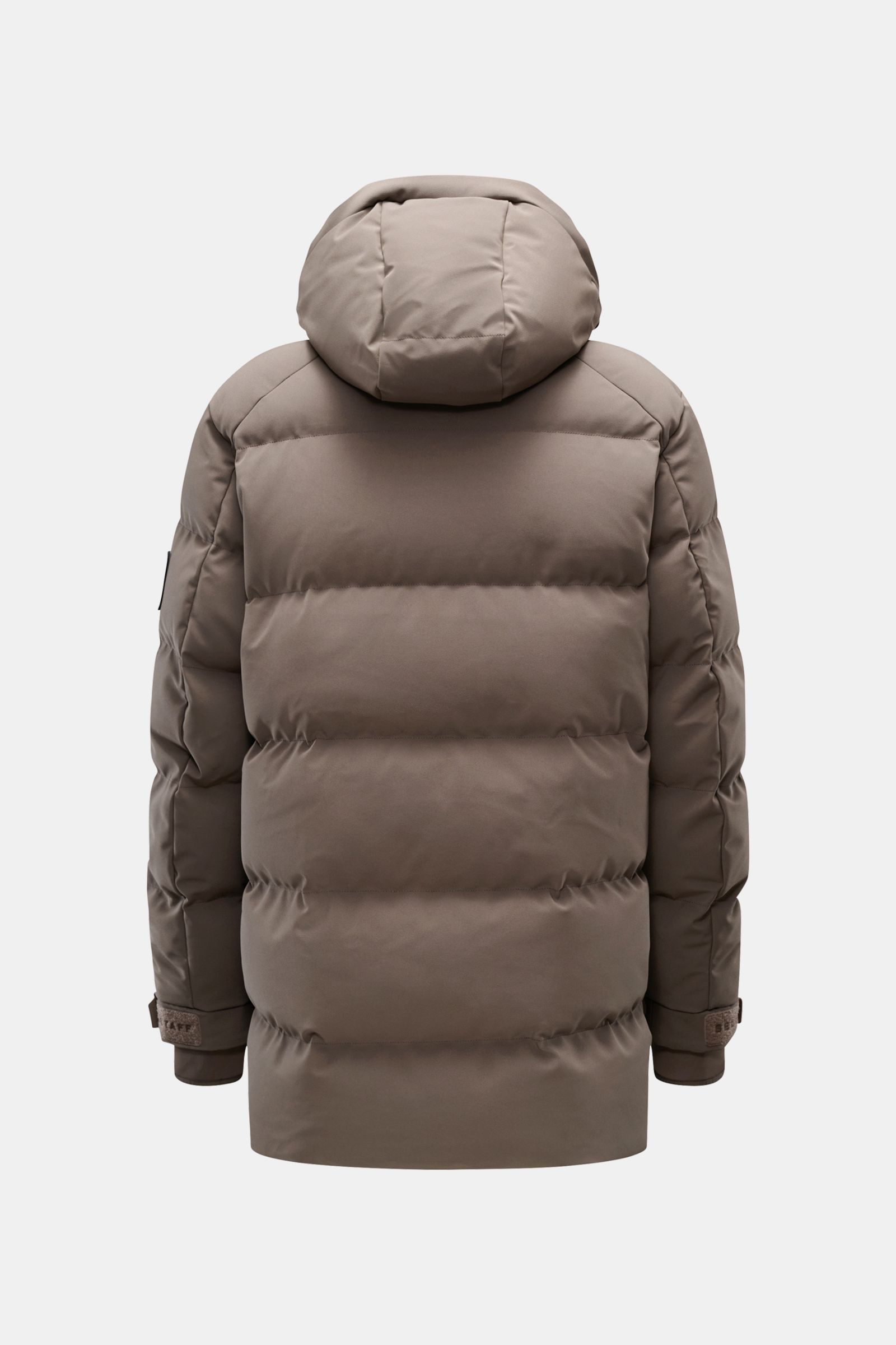 Belstaff Daunenjacke 'Pendulum' graugrün, Rückansicht mit abnehmbarer Kapuze, wind- und wasserabweisend, wärmend gefüttert, Utility-Taschen, Regular Fit.
