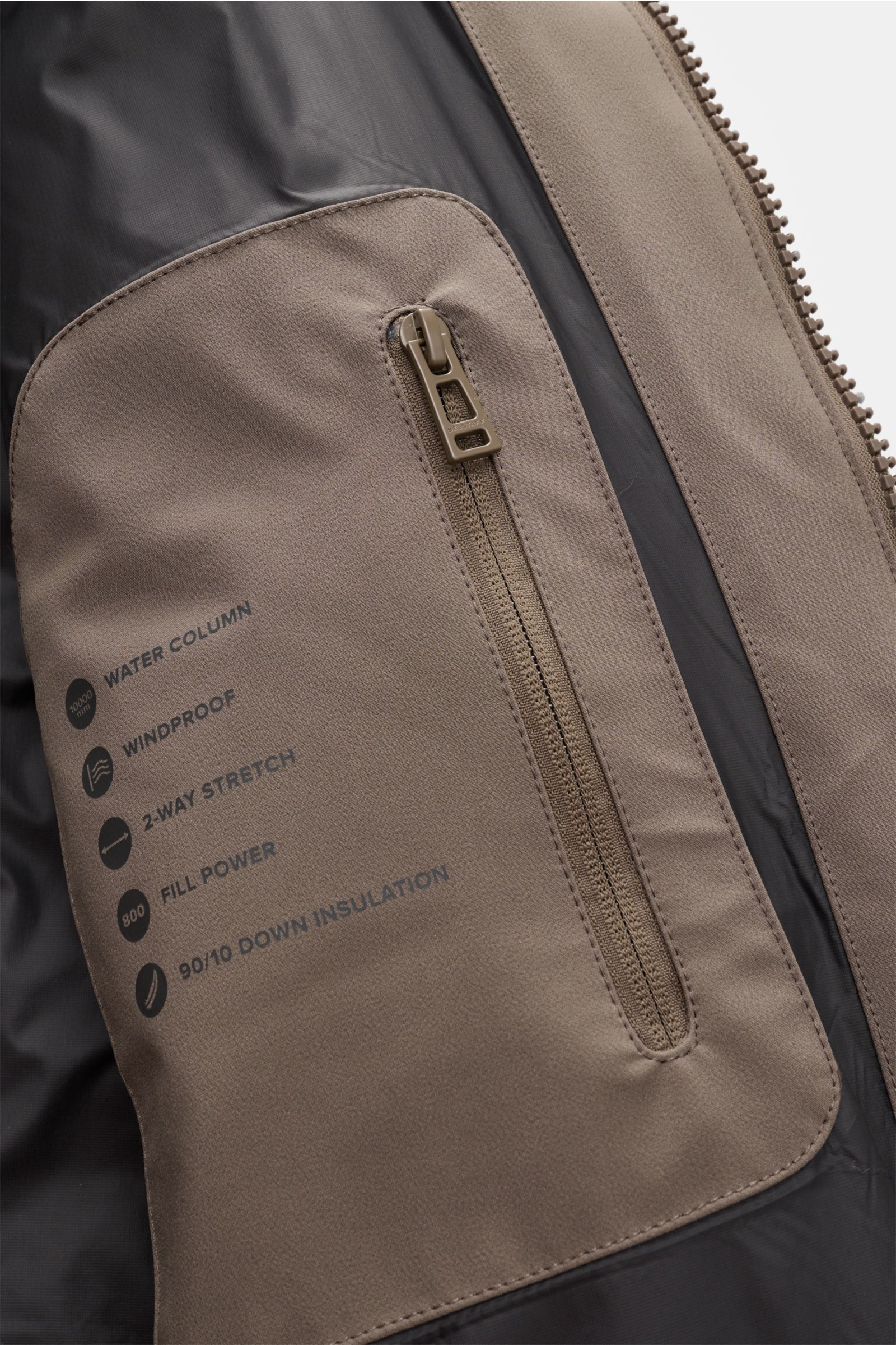 Nahaufnahme der Innentasche der Belstaff Daunenjacke 'Pendulum' graugrün mit Reißverschluss, wasserabweisendem, winddichtem Microfaserfutter.