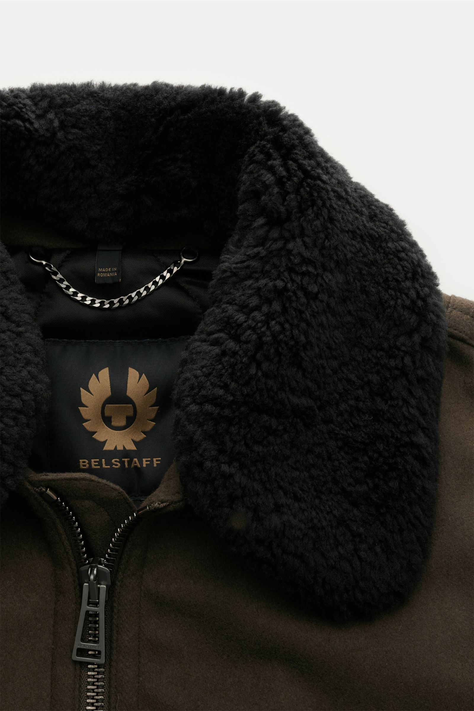 Belstaff Blouson 'Welder Jacket' braun, Nahaufnahme von oben, mit abnehmbarem schwarzem Lammfell-Kragen, Reißverschluss, Wolle-Microfaser-Mix.