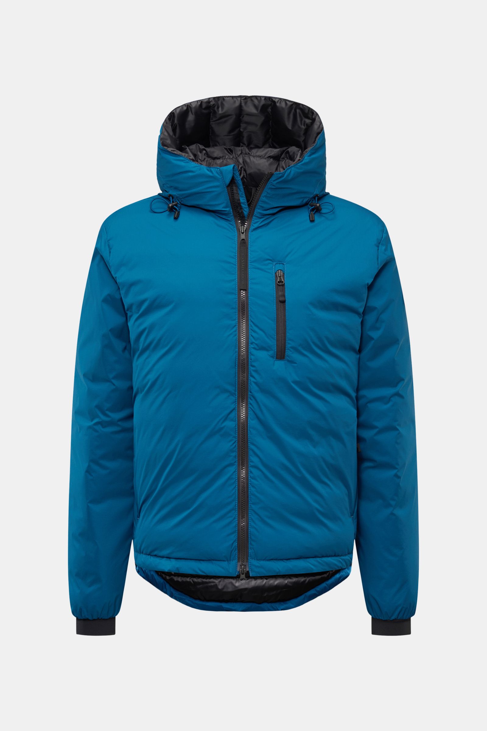 Front view of the Canada Goose Down jacket 'Lodge Hoody' blue, lightweight ripstop fabric, padded hood, slim fit, zip and pockets, wind and water repellent. Maximum comfort in a lightweight design: A padded hood and a down lining make the self-stowing dow