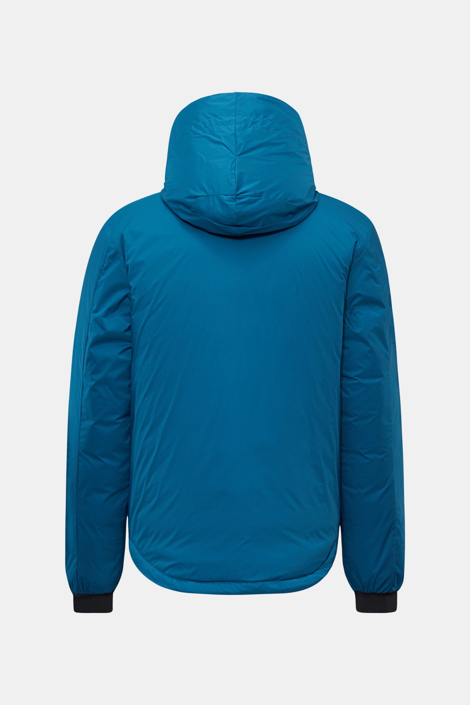 Rear view of Canada Goose Down jacket 'Lodge Hoody' blue, lightweight ripstop microfiber fabric, padded hood, slim fit, elastic cuffs.