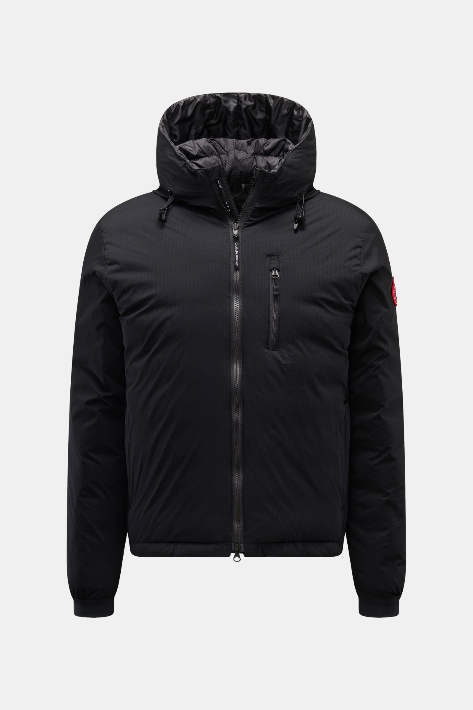 Canada Goose Daunenjacke 'Lodge Hoody' schwarz, frontale Aufnahme, Ripstop-Microfaser, wattierte Kapuze, Slim Fit, verstaubar, Reißverschlusstaschen, elastische Bündchen.