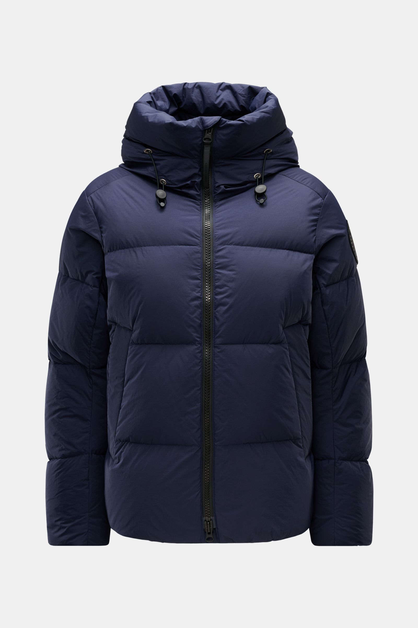 Canada Goose Daunenjacke 'Crofton Puffer' navy, frontale Ansicht, voluminös mit Kapuze, Popeline-Microfaser, Regular Fit, Zwei-Wege-Reißverschluss, Windschutzbündchen, Saum regulierbar.