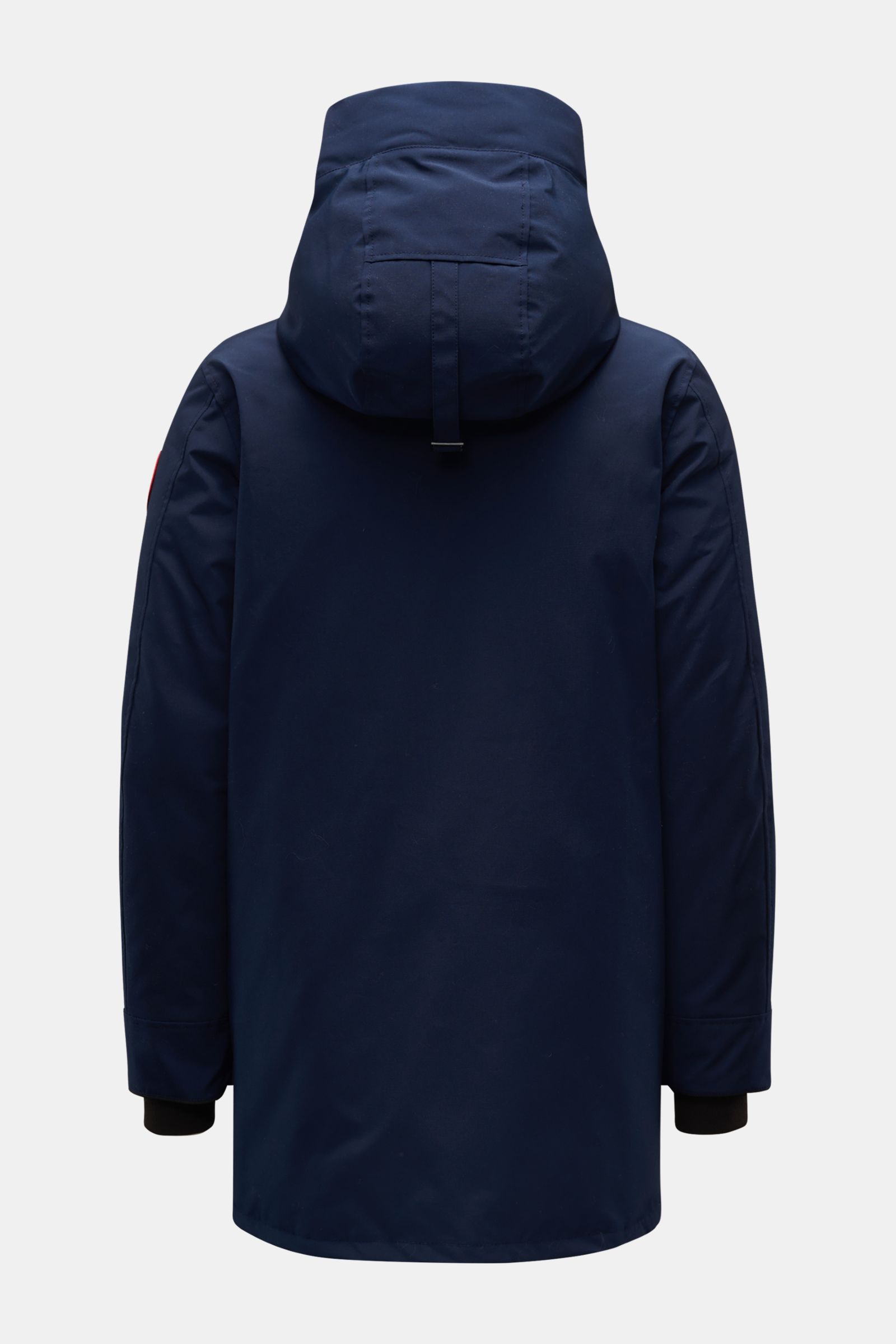 Canada Goose Daunenparka 'Langford' navy, Rückansicht mit Kapuze, Arctic-Tech-Material, Daunenfüllung, Regular Fit, Windblende, Rucksackriemen.