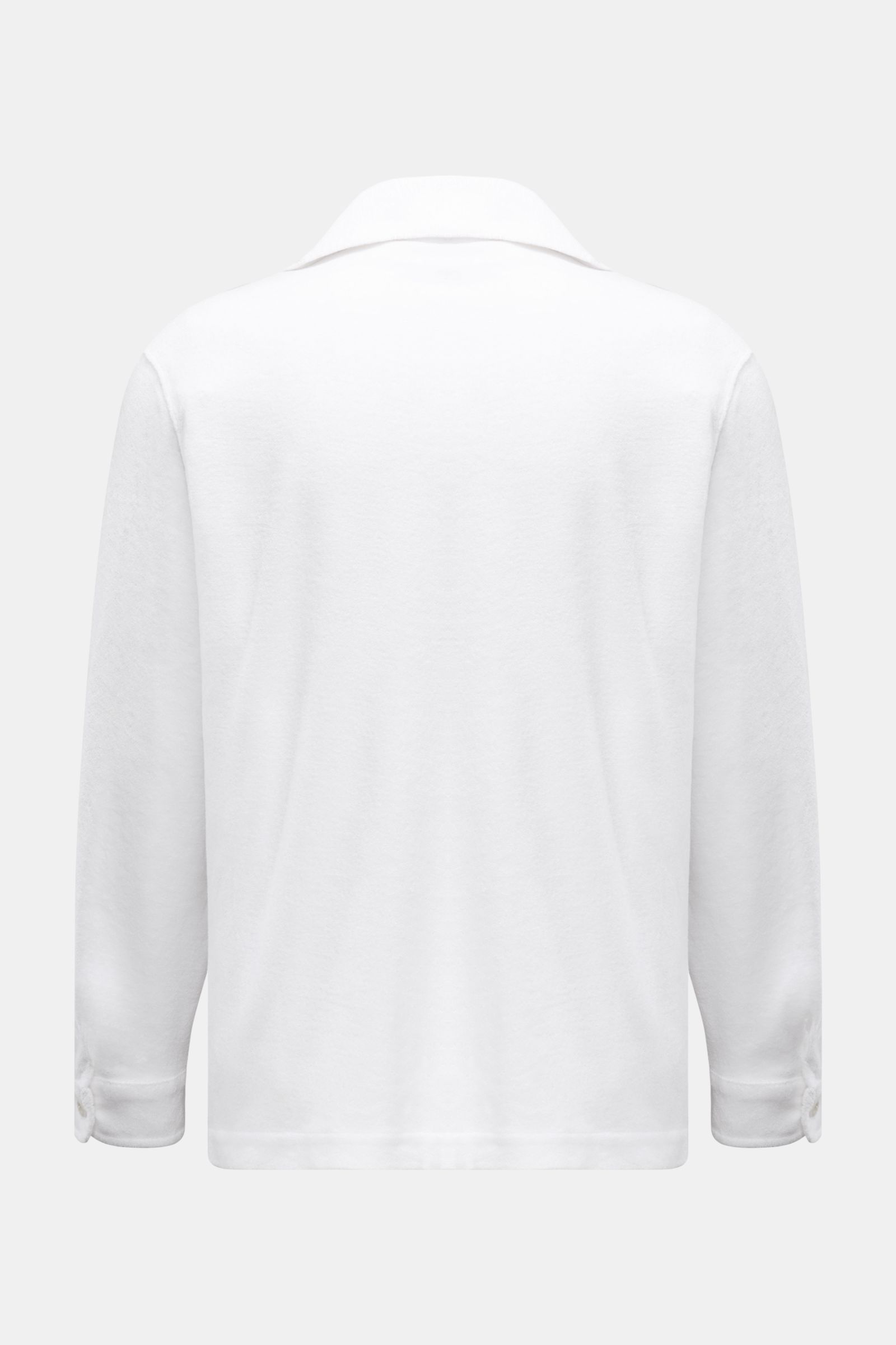 Back view of 04651/ A trip in a bag Frottee-Overshirt 'Terry Jacket' oliv, a slim fit, soft cotton terry overshirt with a collar and buttoned cuffs. 

Description: Das Overshirt 'Terry Jacket' von 04651/ A TRIP IN A BAG bringt maritimen Minimalismus au