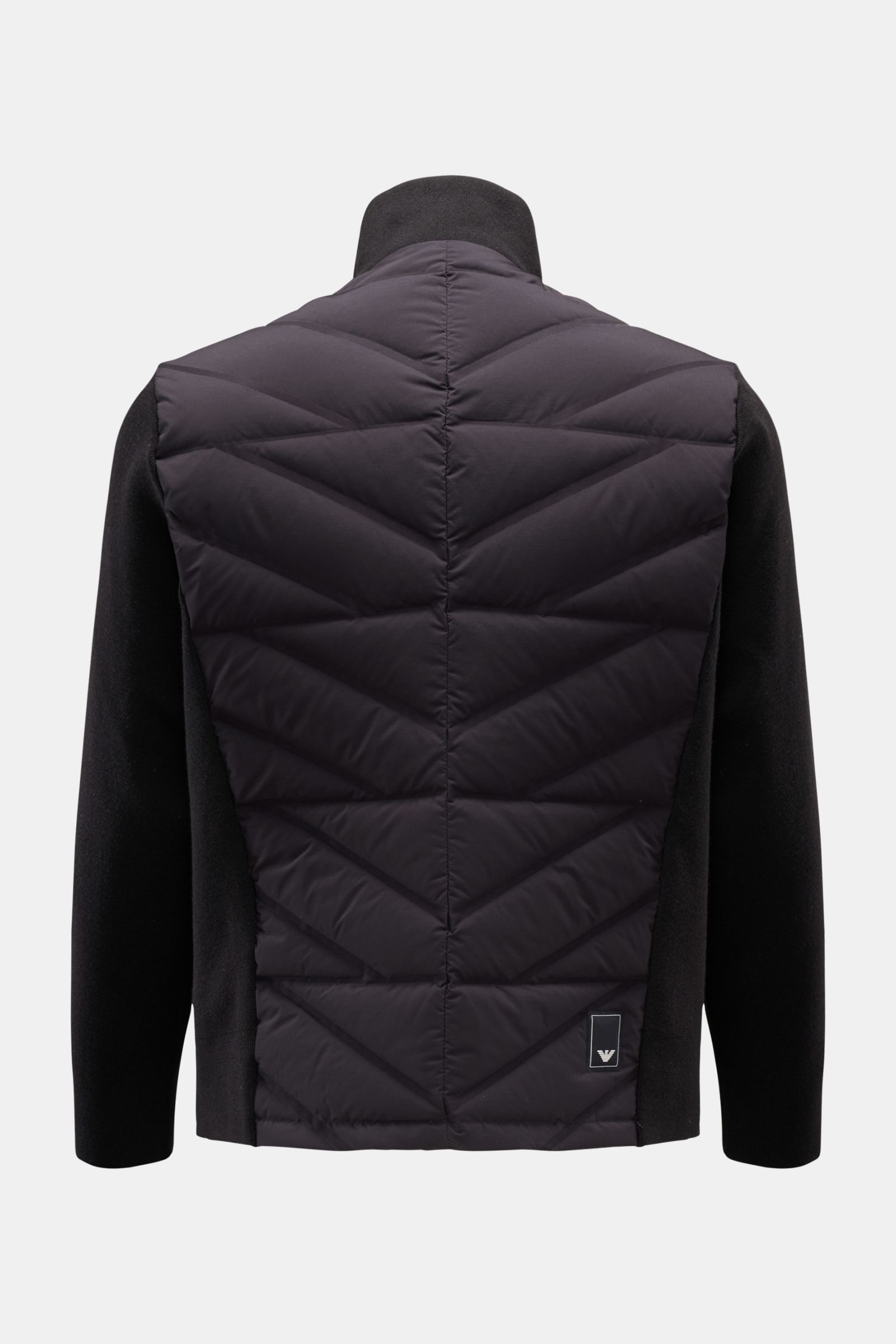 Rückansicht der Emporio Armani Daunenjacke dark navy mit Strickärmel-Einsätzen, Slim Fit, Stehkragen, Microfaser und Daunenfüllung.