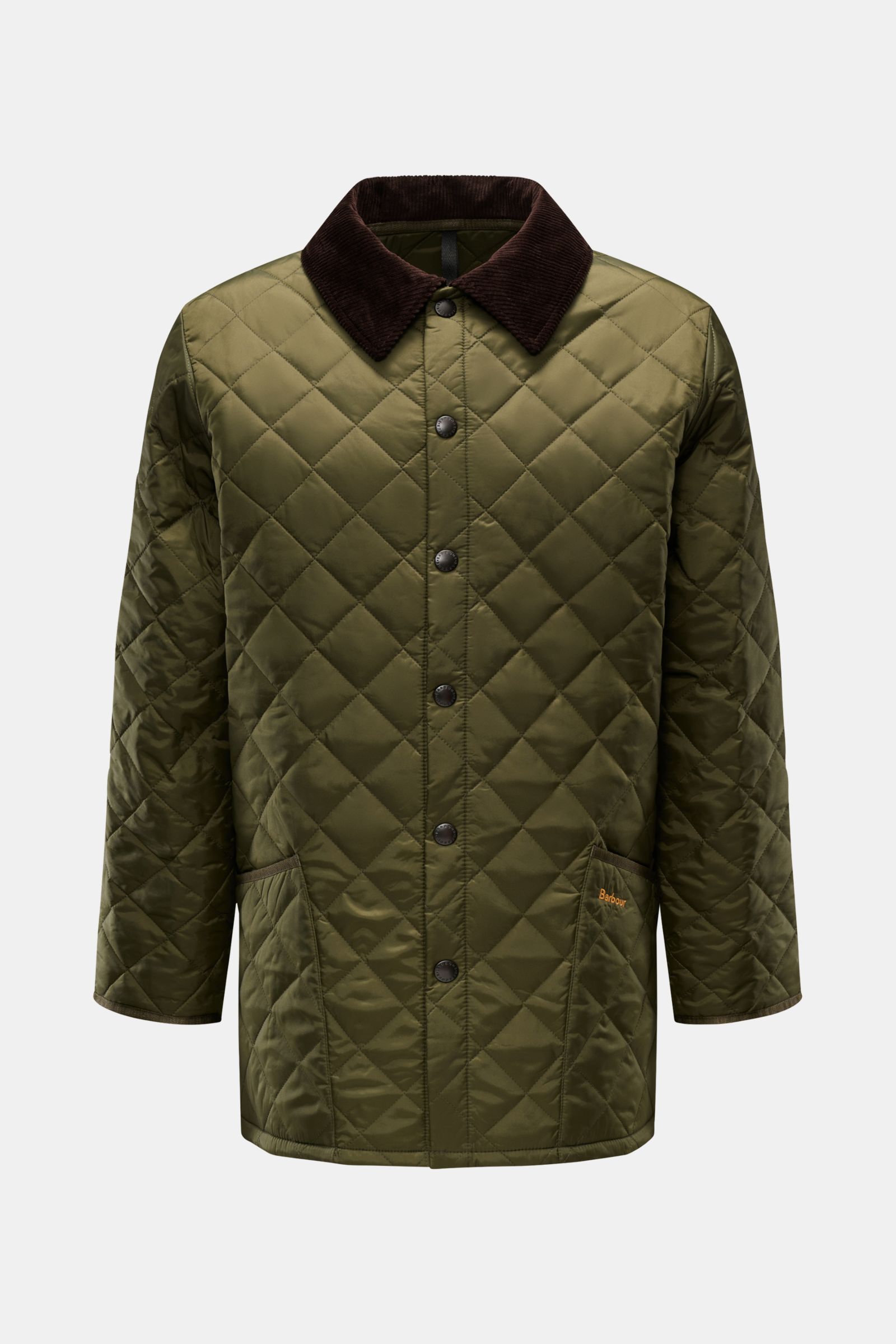 Barbour Steppjacke 'Liddesdale Quilt' oliv, frontal fotografiert, mit Cord-Kragen, Druckknopfleiste, Hüfttaschen, leichter Wattierung, Regular Fit.