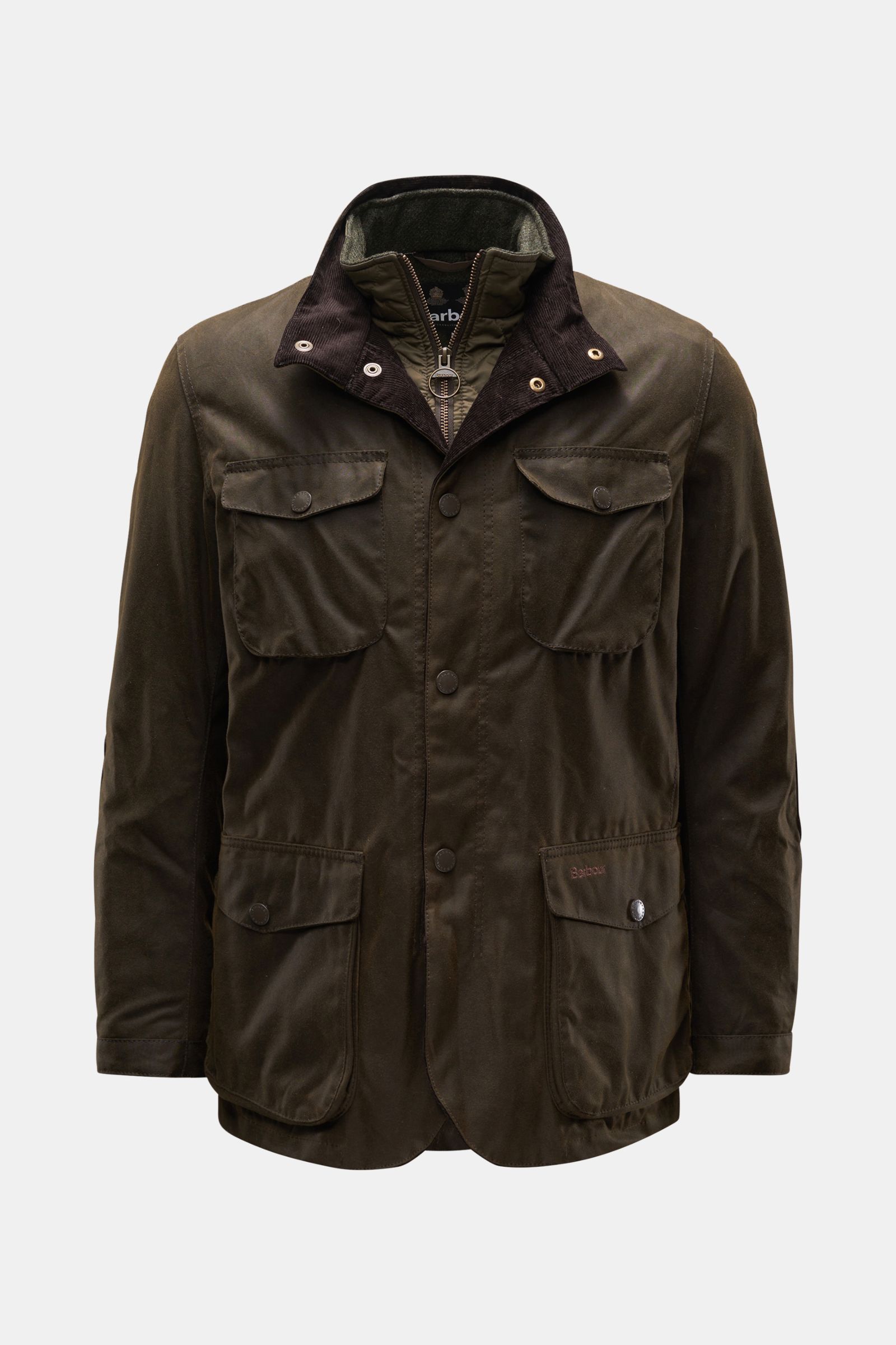 Front view of Barbour Waxed jacket 'Ogston' dark olive in water repellent waxed cotton with double front, snap buttons, pockets, and leather elbow patches, classic tartan lining, and adjustable waist tab, elegant and masculine for outdoor wear.