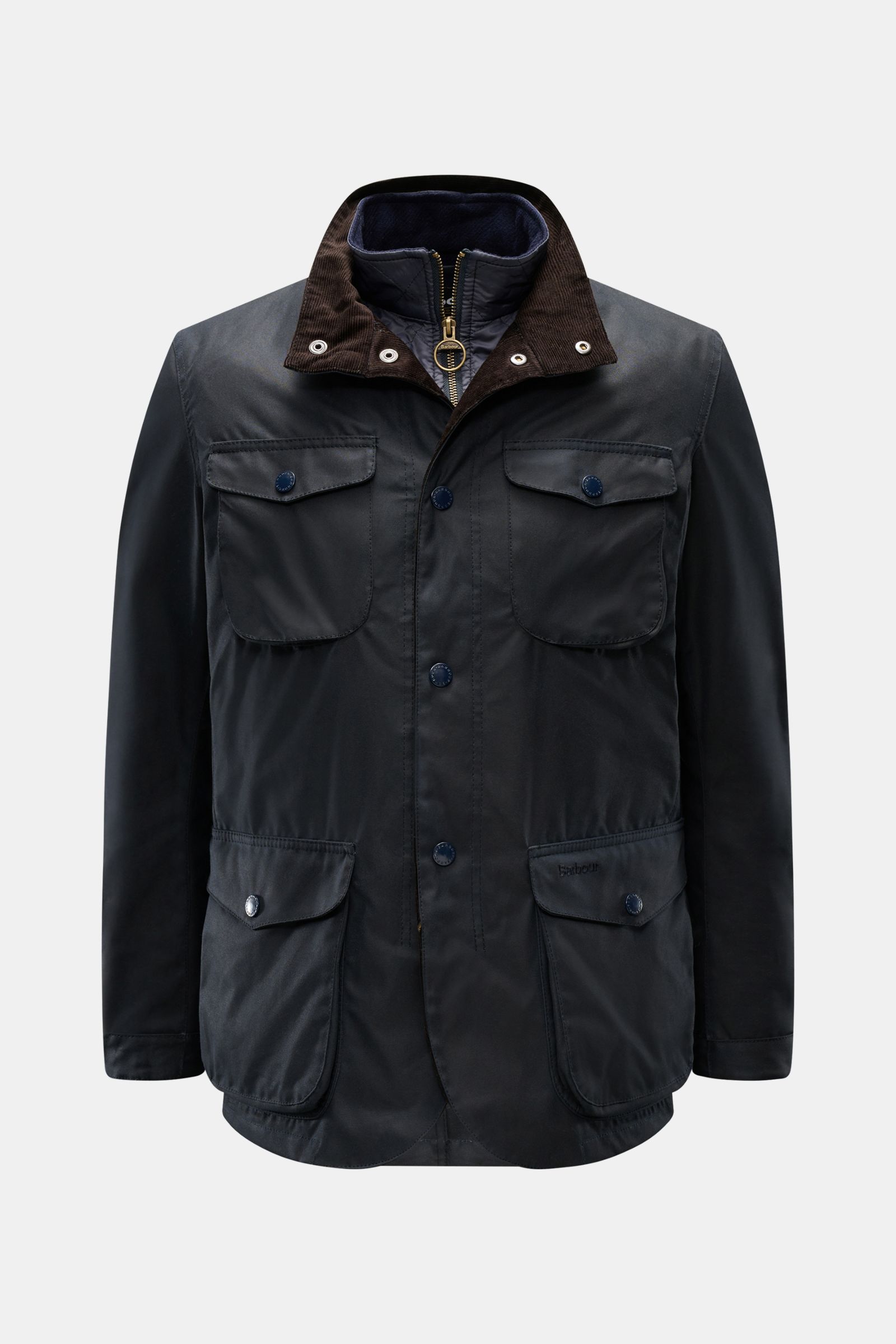 Barbour Wachsjacke 'Ogston' dark navy, frontal fotografiert, wasserabweisend, gewachste Baumwolle, Slim Fit, Stehkragen, Taschen, Tartan-Futter, Leder-Patches.