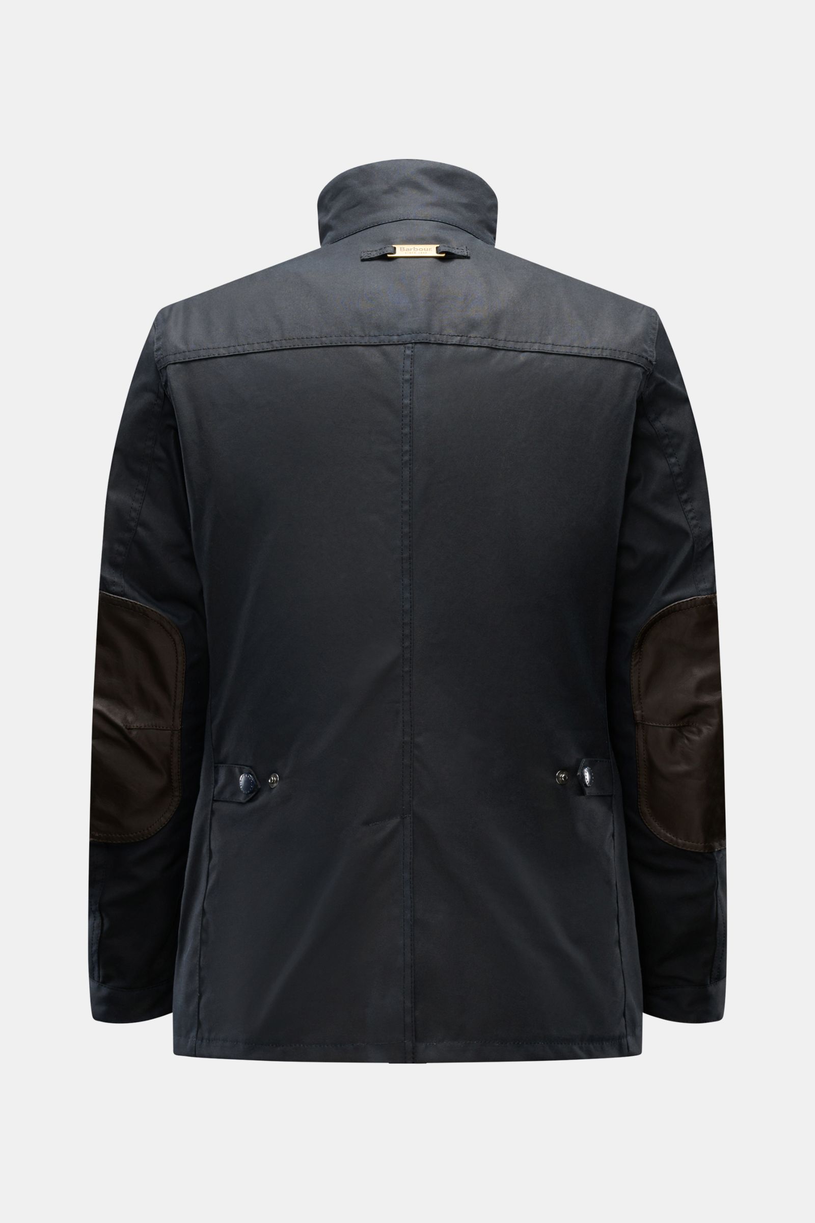 Barbour Wachsjacke 'Ogston' dark navy, Rückansicht, gewachste Baumwolle, Stehkragen, Ellenbogen-Leder-Patches, Slim Fit, wasserabweisend.