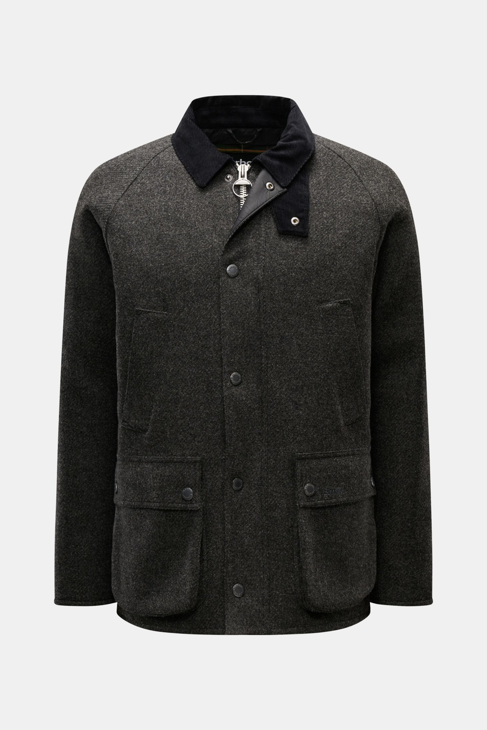 Barbour Wolljacke 'Bedale' anthrazit meliert, Frontansicht mit Feincord-Kragen, zwei Handwärmertaschen, zwei aufgesetzten Taschen und gestepptem Futter.