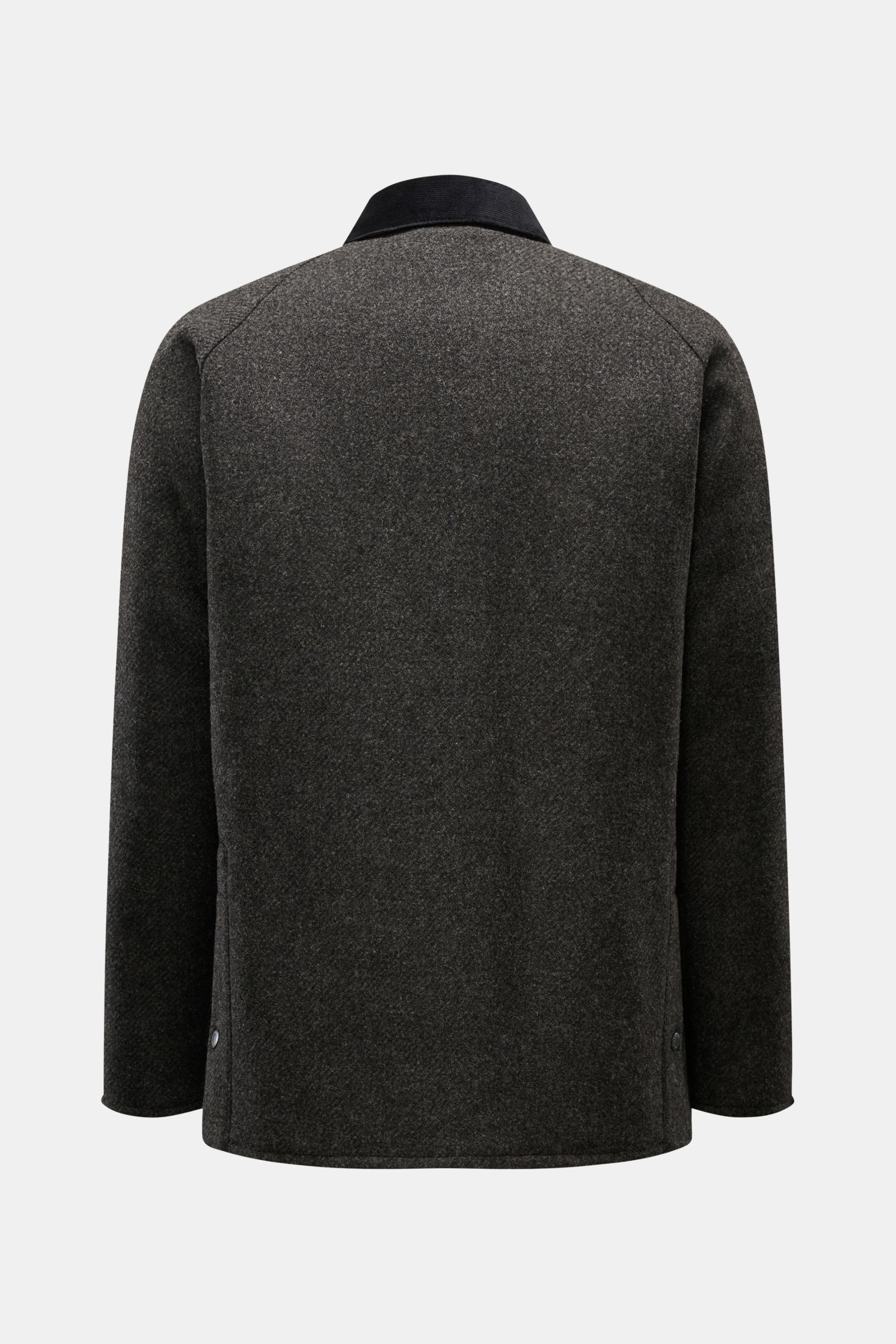 Rückansicht der Barbour Wolljacke 'Bedale' anthrazit meliert mit Feincord-Kragen, Raglanärmeln, Handwärmertaschen und leicht wattiertem Futter.