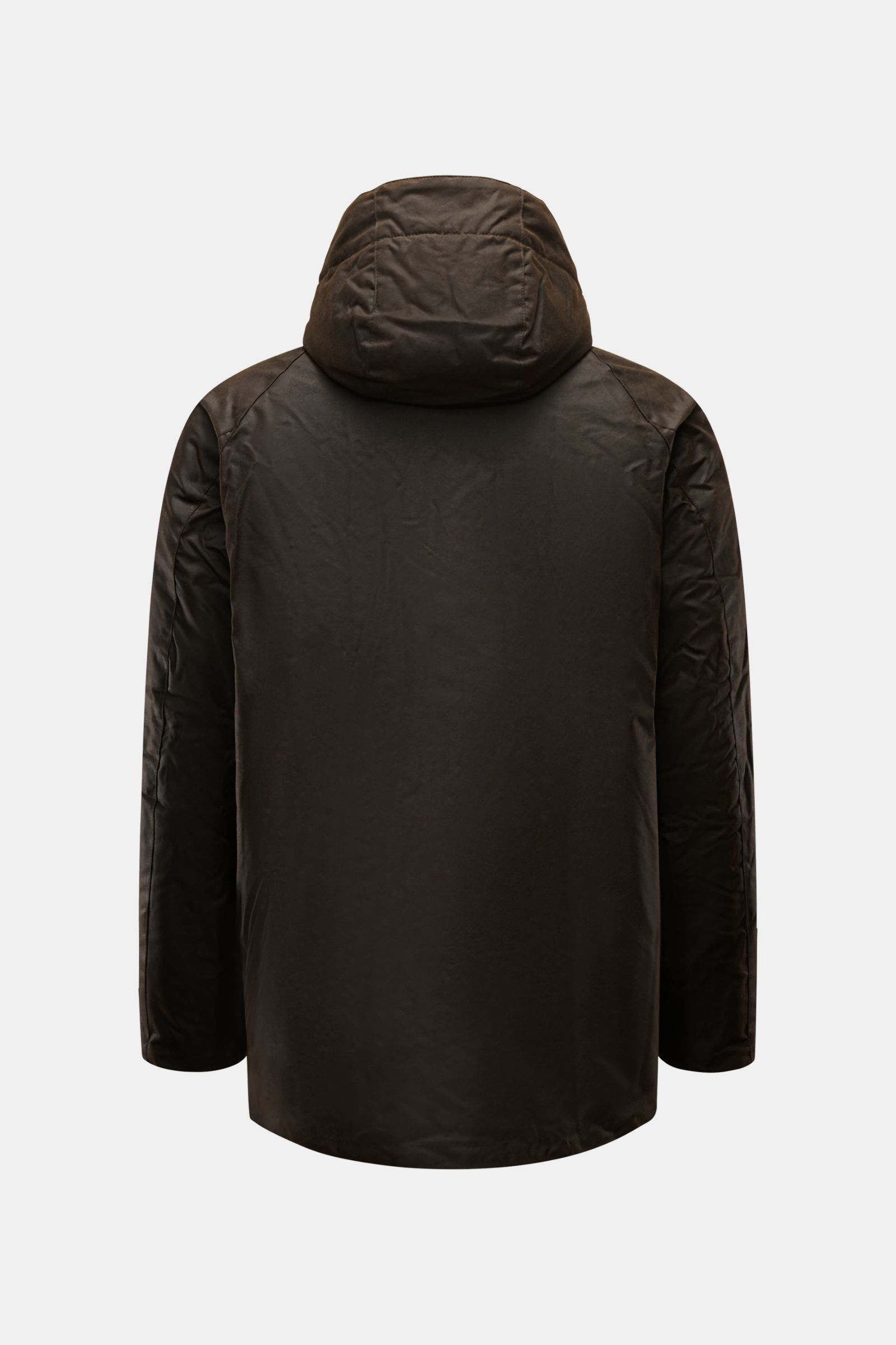Barbour Wachsjacke 'Modern Beaufort' dark olive, Rückansicht, gewachste Baumwolle, wattiert, abnehmbare Kapuze, Regular Fit, wasserabweisend, mit Taschen.