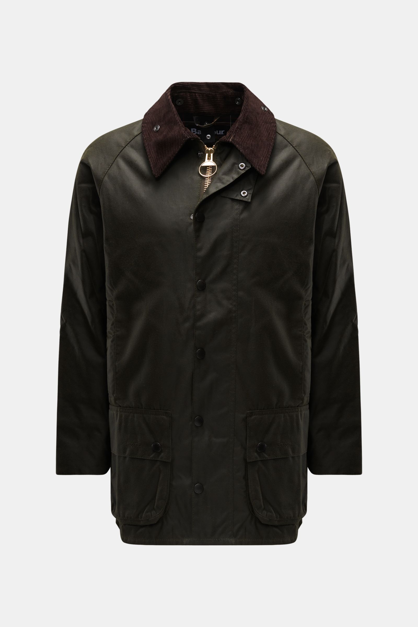 Front view of Barbour Waxed jacket 'Beaufort' dark olive, a classic long waxed cotton jacket with water repellent finish, corduroy collar, two-way zip, storm flap with snap buttons, raglan sleeves, patch and hip pockets, zip pocket on back, and classic ta