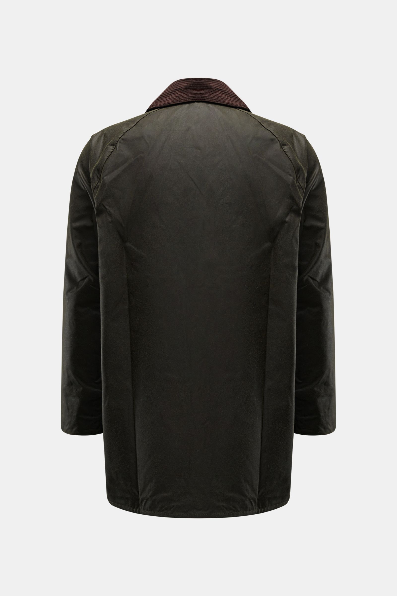 Back view of Barbour Waxed jacket 'Beaufort' dark olive, a long water repellent waxed cotton coat with corduroy collar, raglan sleeves, and classic tartan lining. A true classic from BARBOUR since 1983 featuring regular fit, two-way zip, storm flap with s