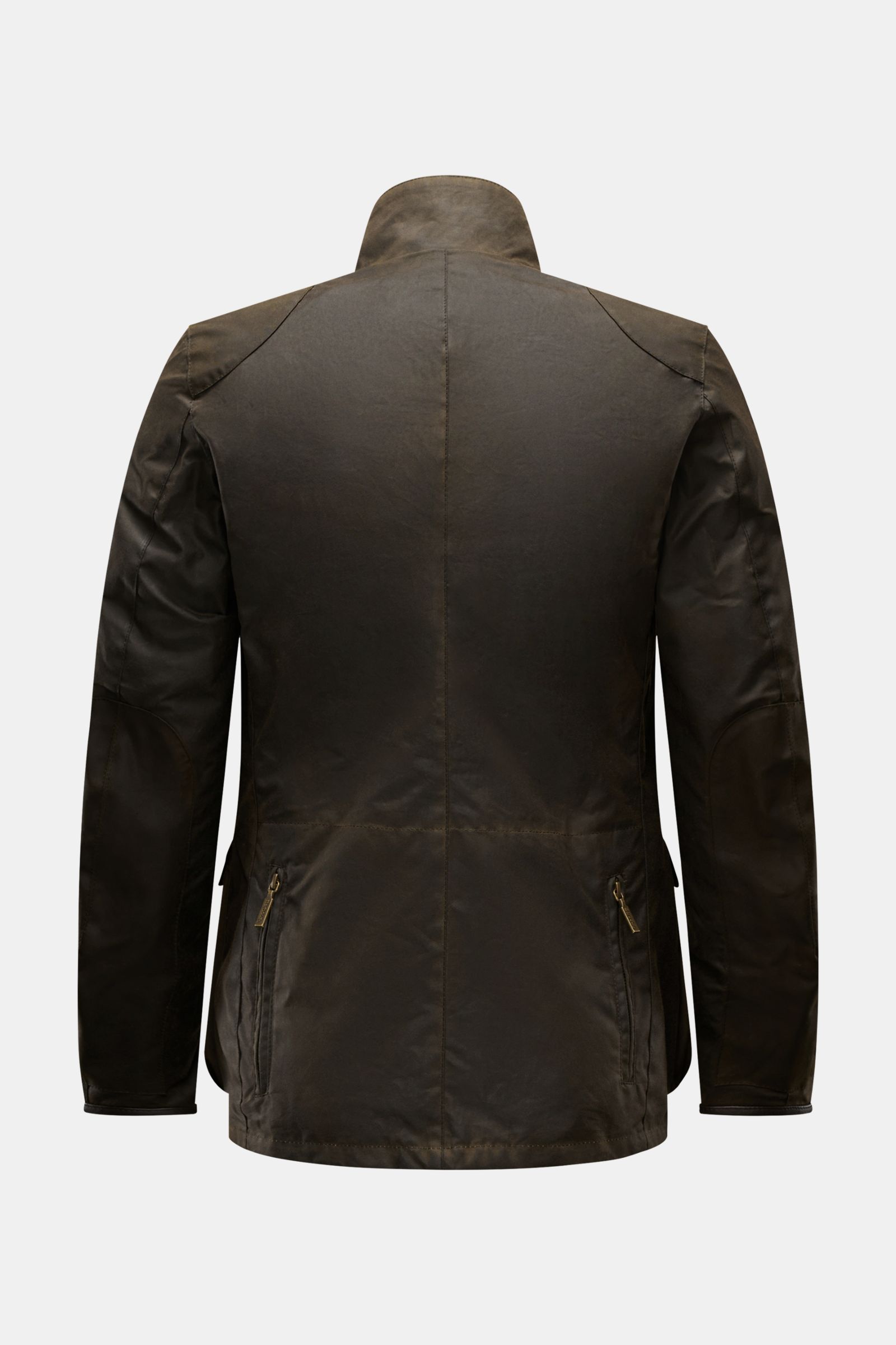 Barbour Wachsjacke 'Becan' dark olive, Rückenansicht, hüftlang, gewachste Baumwolle, wasserabweisend, Slim Fit, variabler Kragen, praktische Taschen.